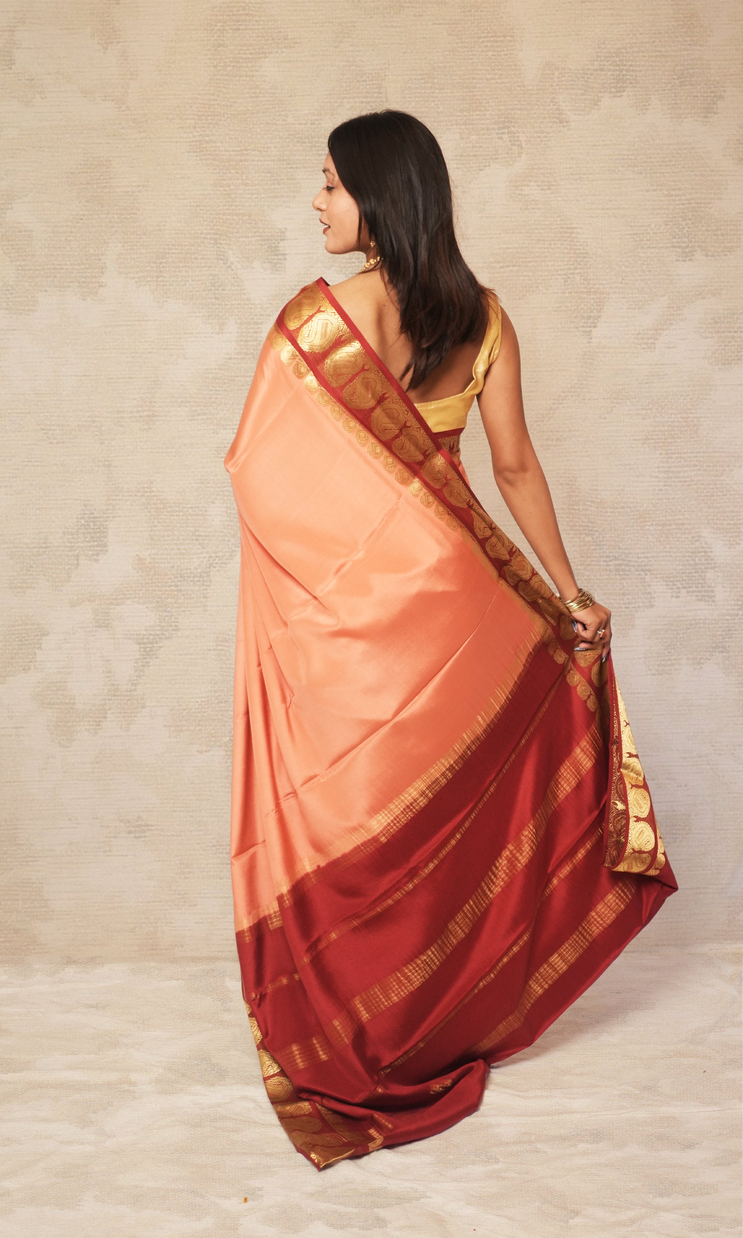 Peach And Red Mysore Silk Saree