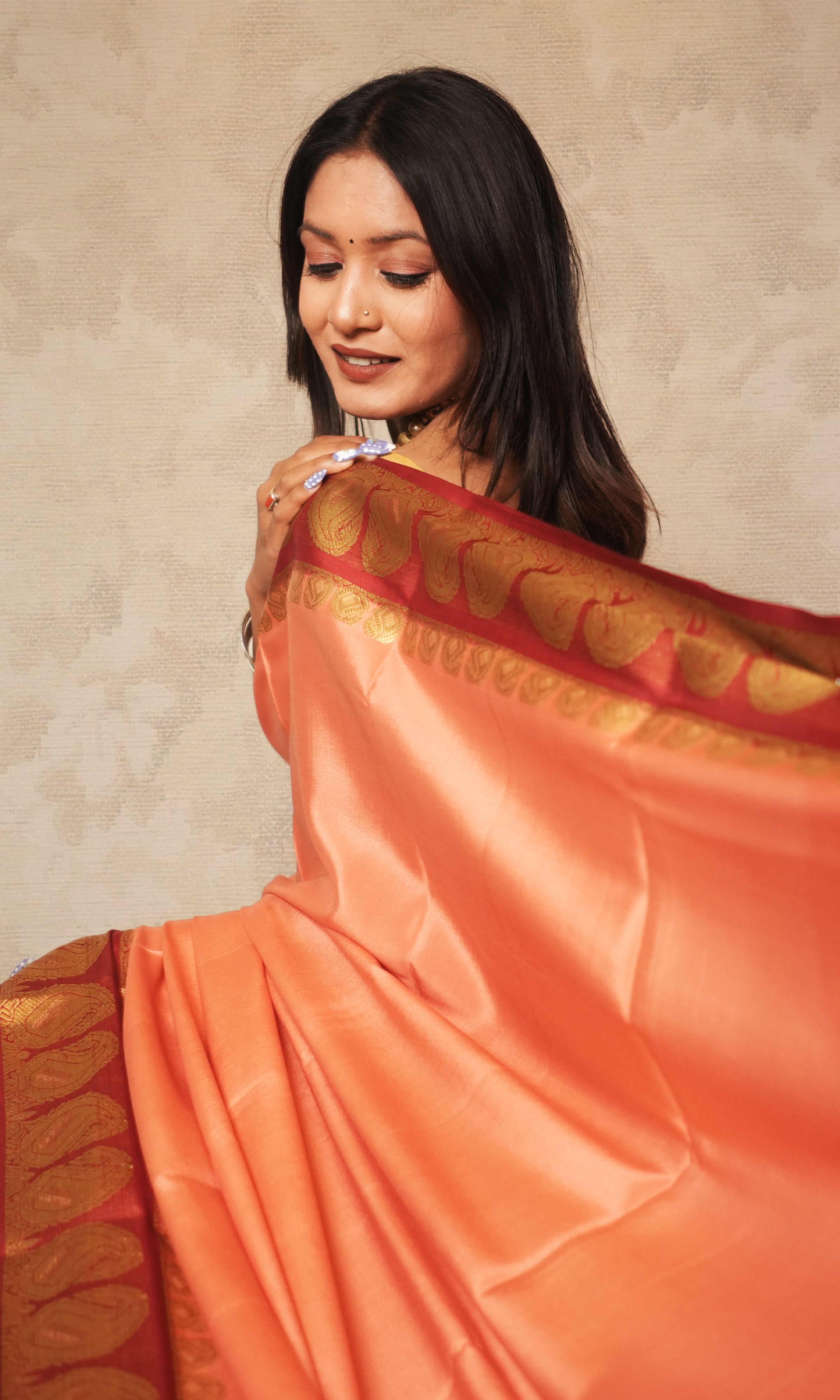 Peach And Red Mysore Silk Saree