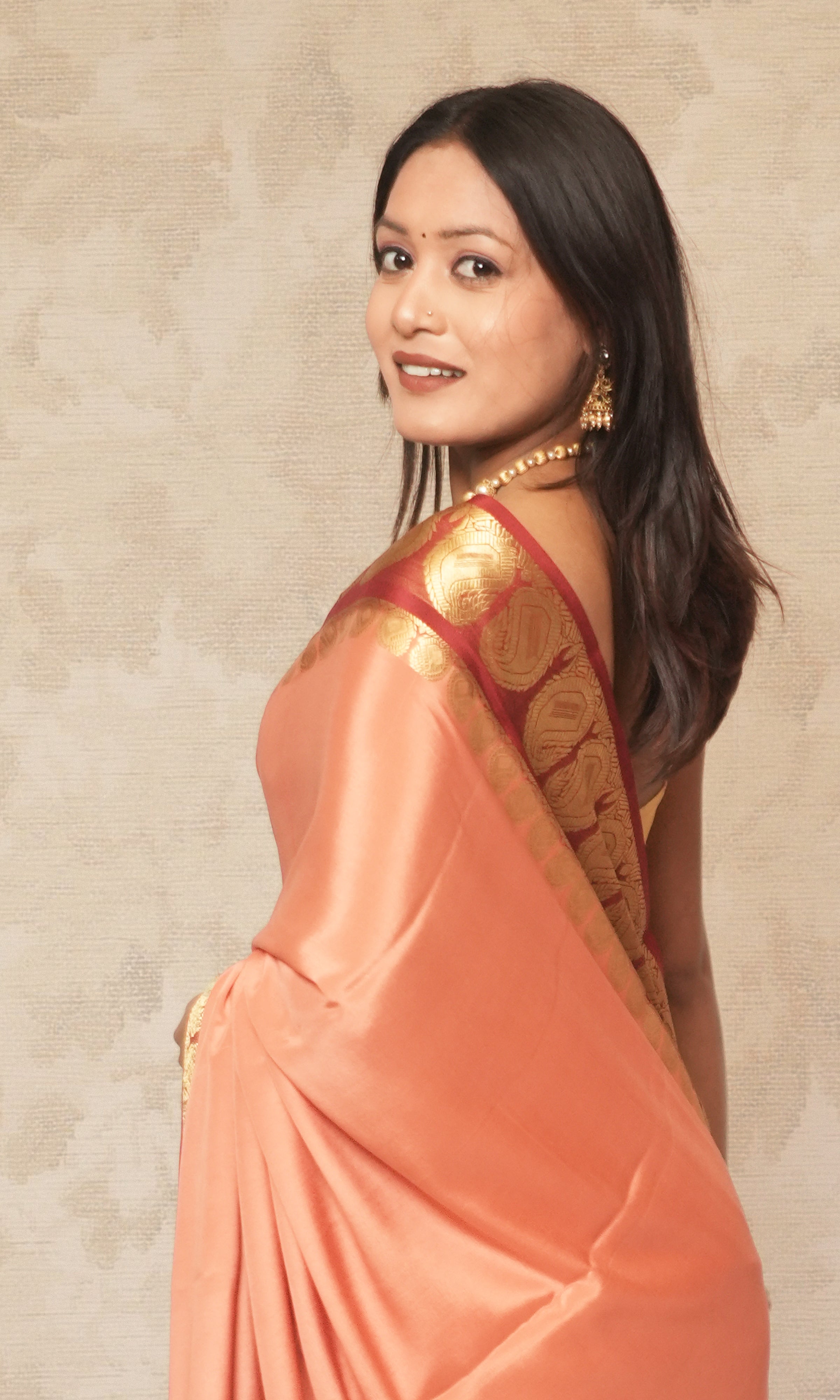Peach And Red Mysore Silk Saree