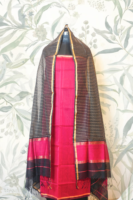Dark Pink & Black Hand Woven Maheshwari Silk Dress Material