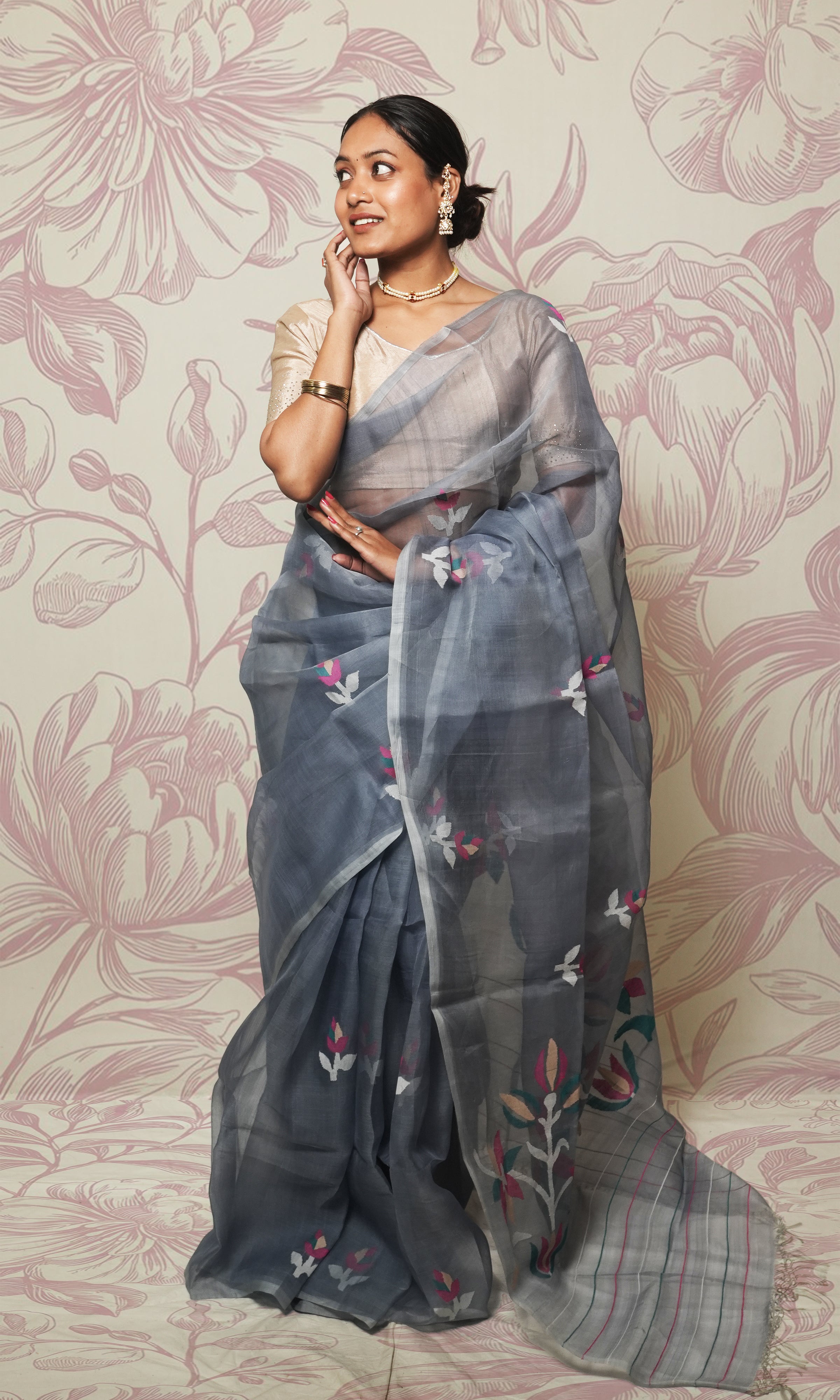Blue Grey Organza Jamdani Saree