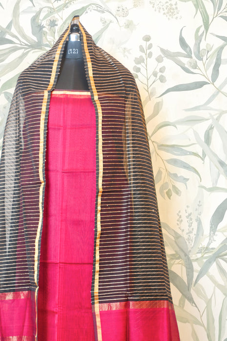 Dark Pink & Black Hand Woven Maheshwari Silk Dress Material