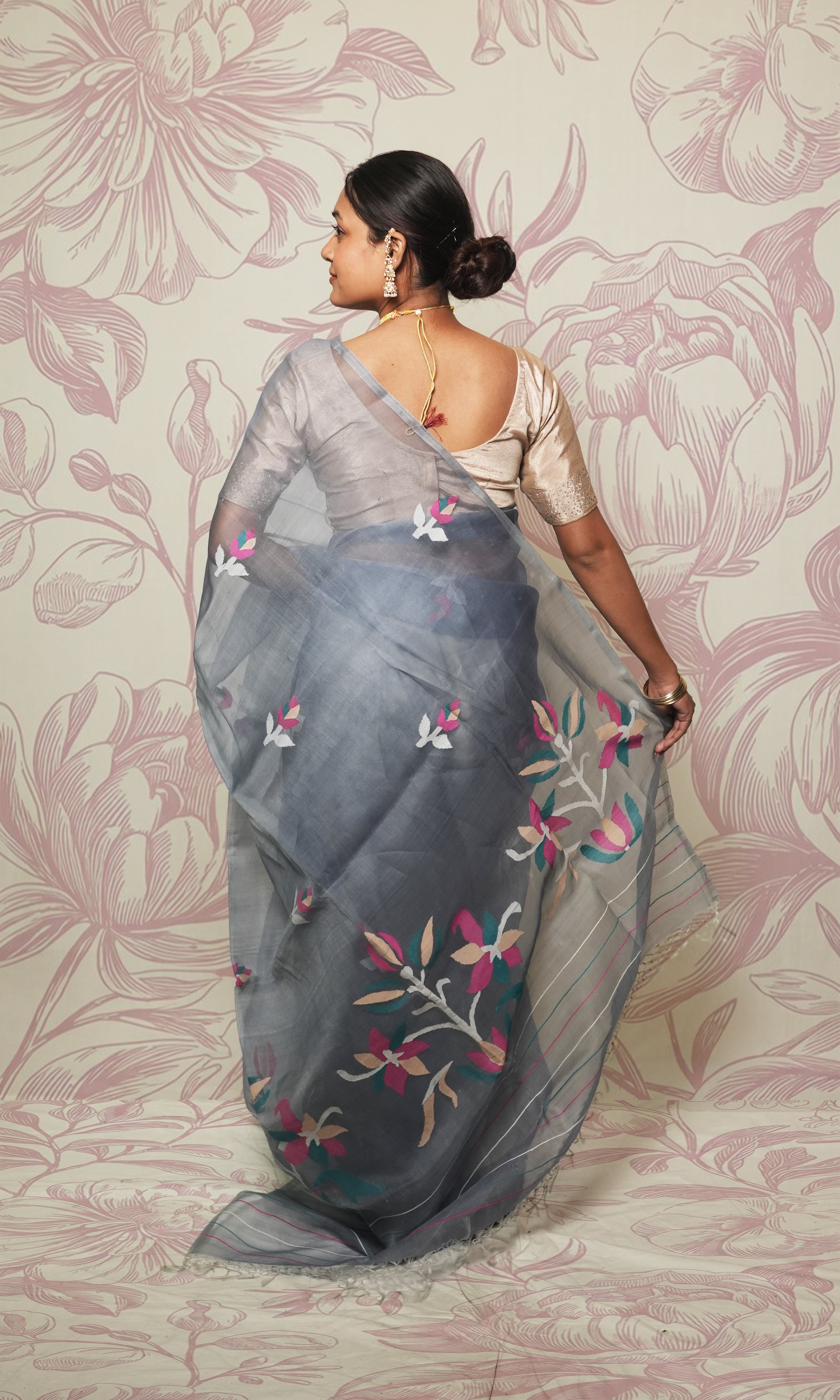 Blue Grey Organza Jamdani Saree