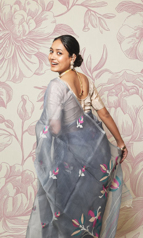 Blue Grey Organza Jamdani Saree