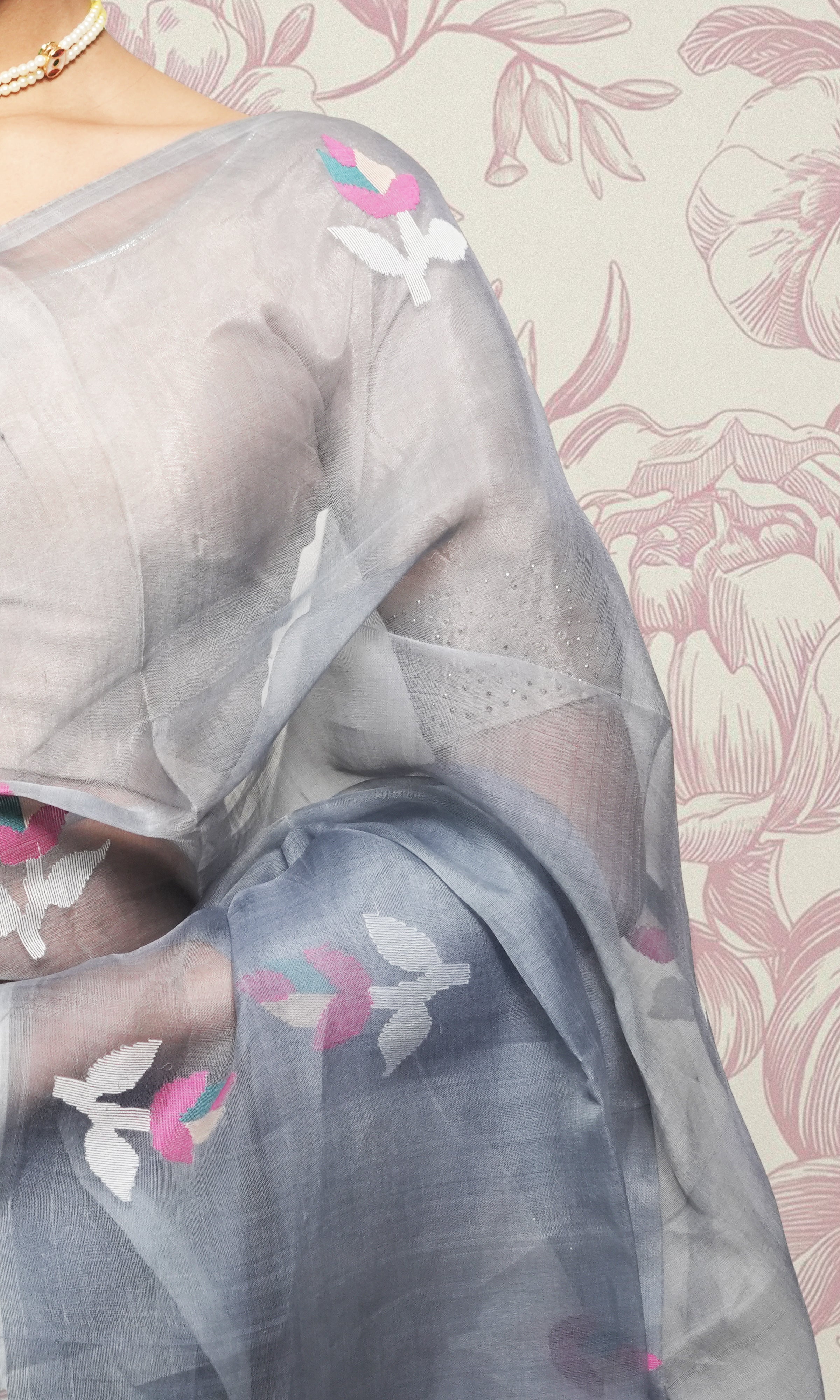 Blue Grey Organza Jamdani Saree