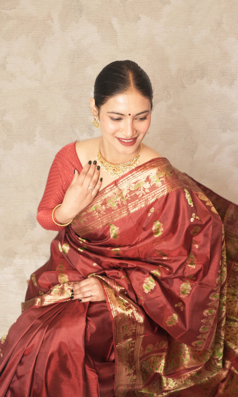 Deep Maroon With Zari Work Swarnachari Silk  Saree
