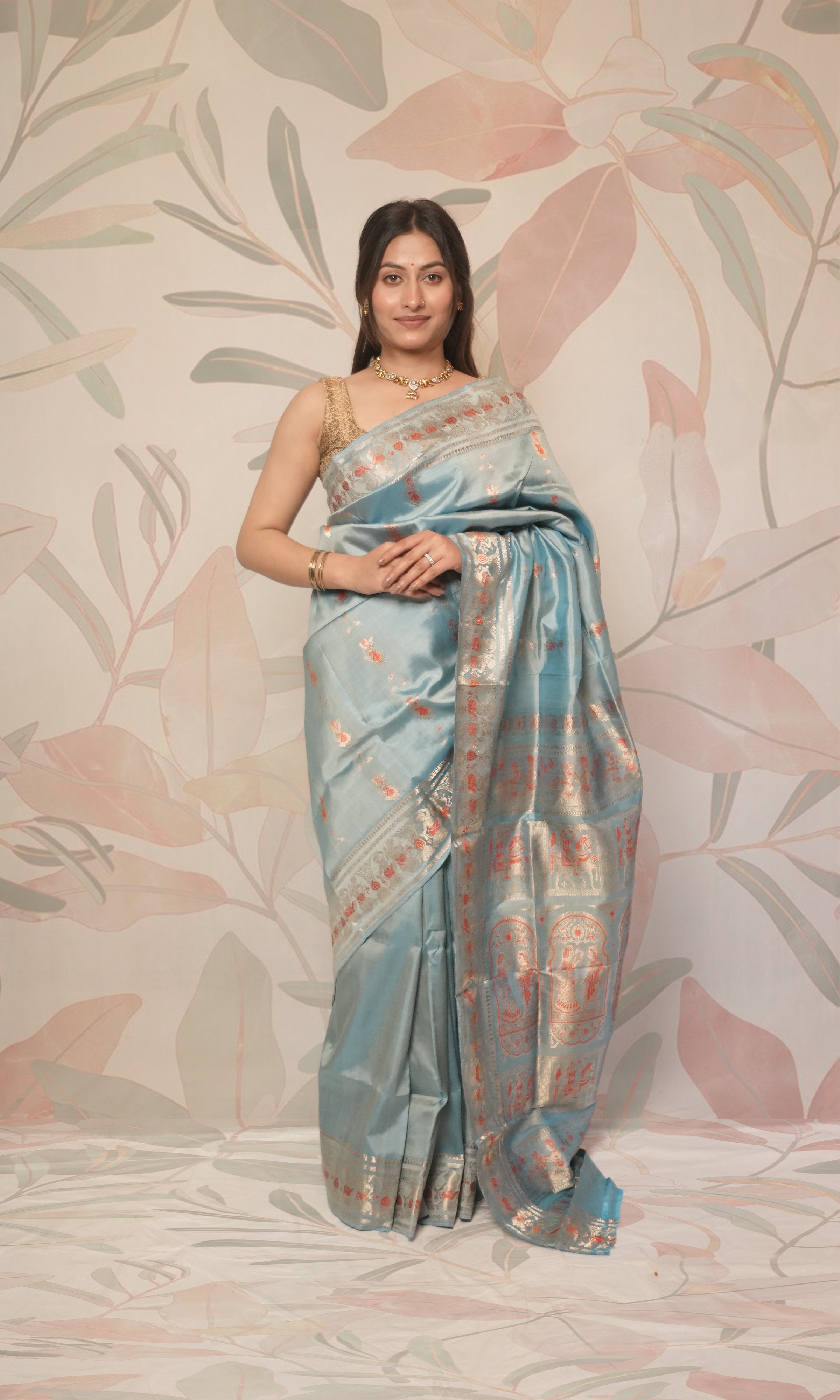 Ice Blue And Orange With Zari Work Swarnachari Silk  Saree