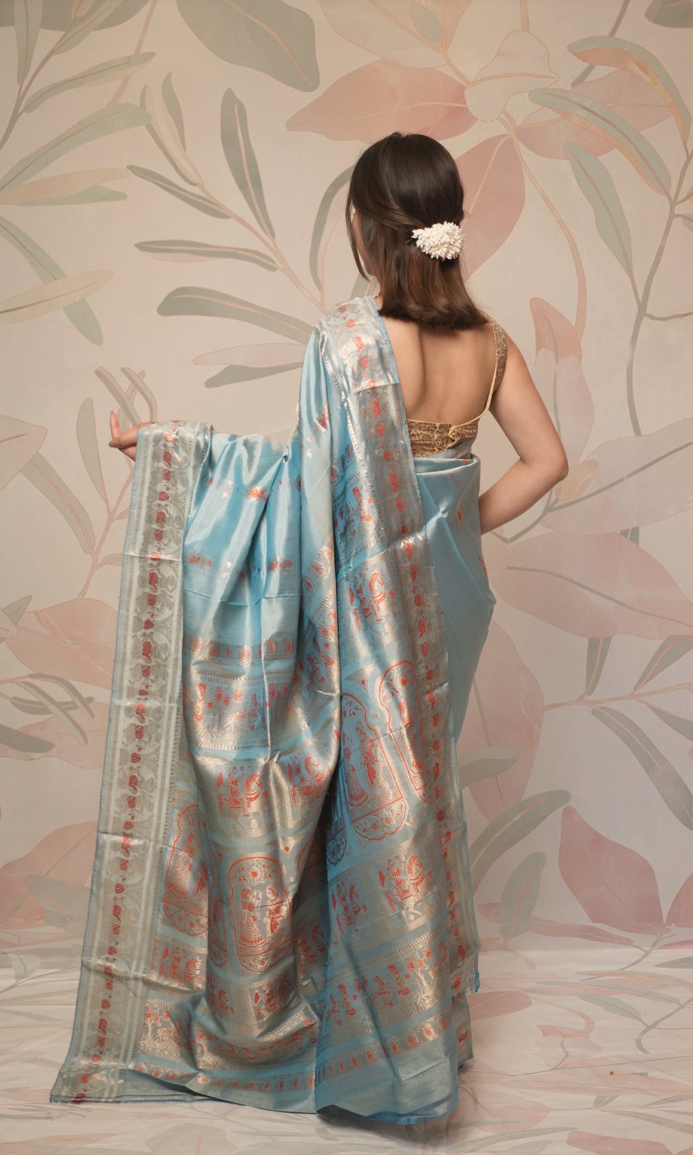 Ice Blue And Orange With Zari Work Swarnachari Silk  Saree