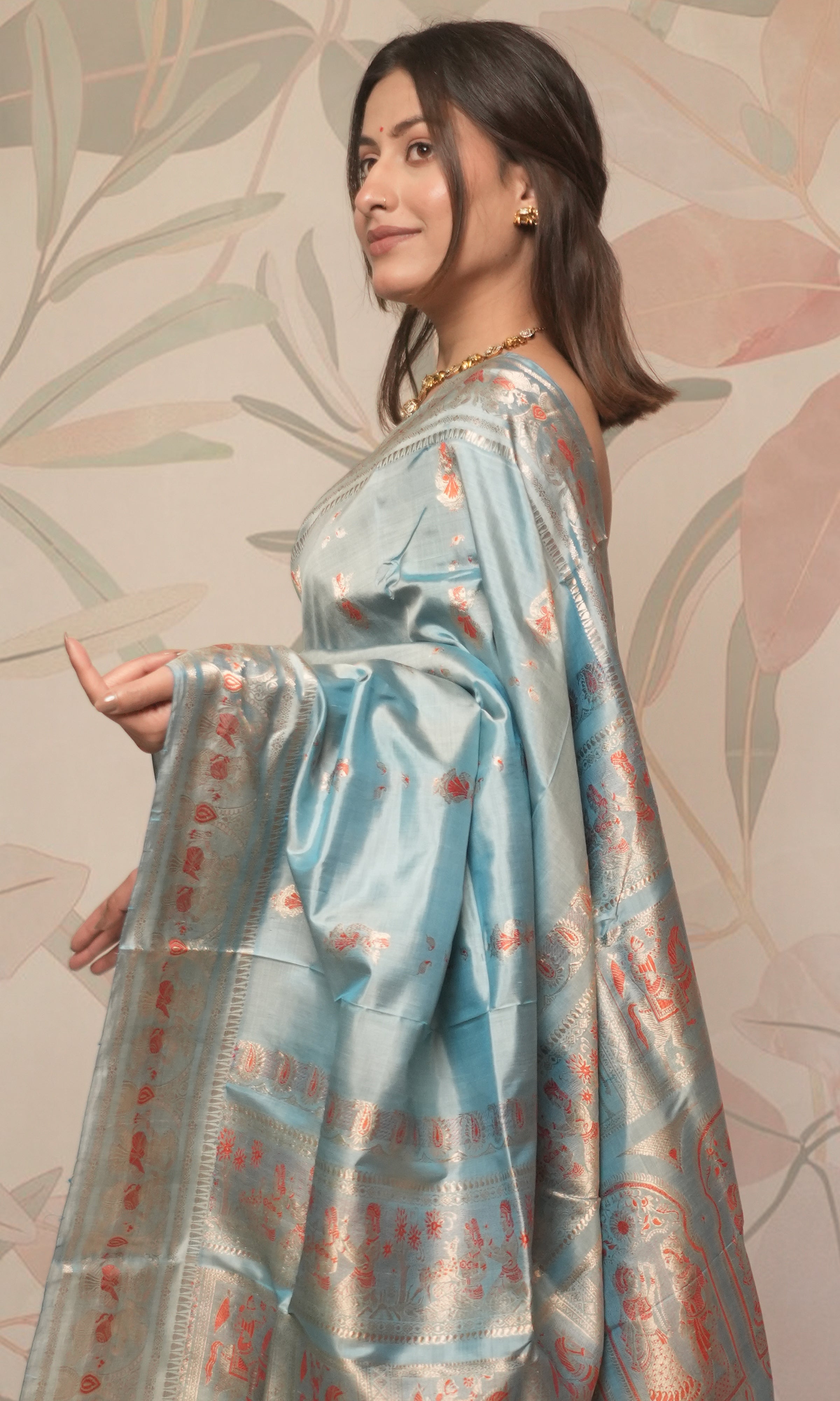 Ice Blue And Orange With Zari Work Swarnachari Silk  Saree