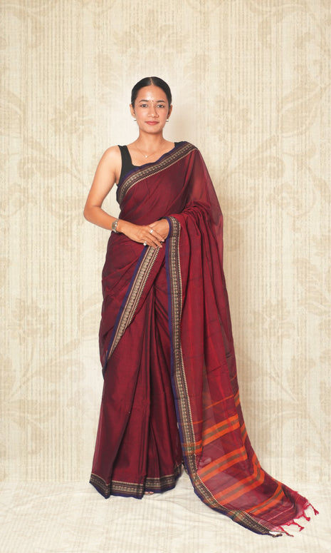 Maroon & Dark Blue Cotton Saree With Blouse Piece