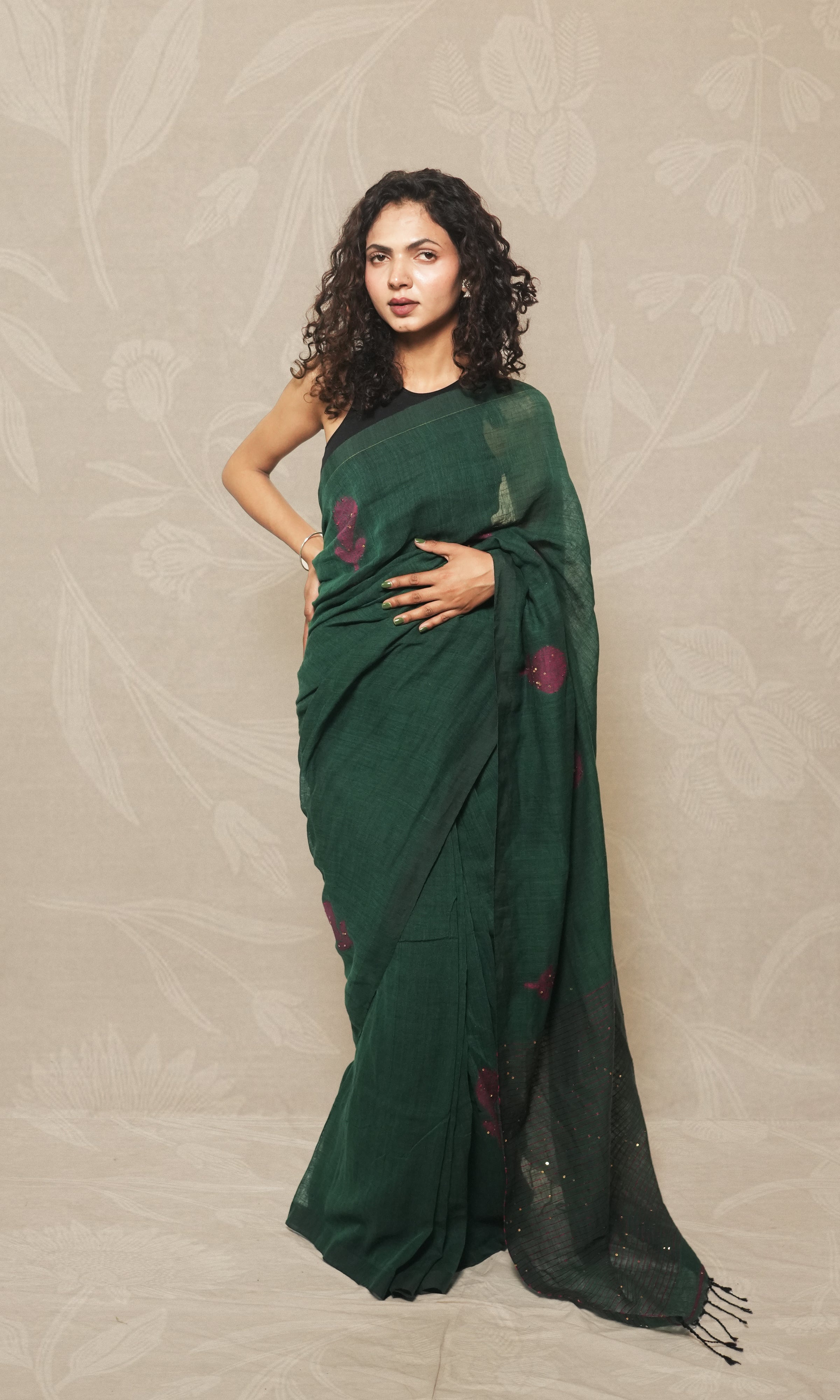Green Color Linen Saree With Pink Thread And Sequin Embroidery