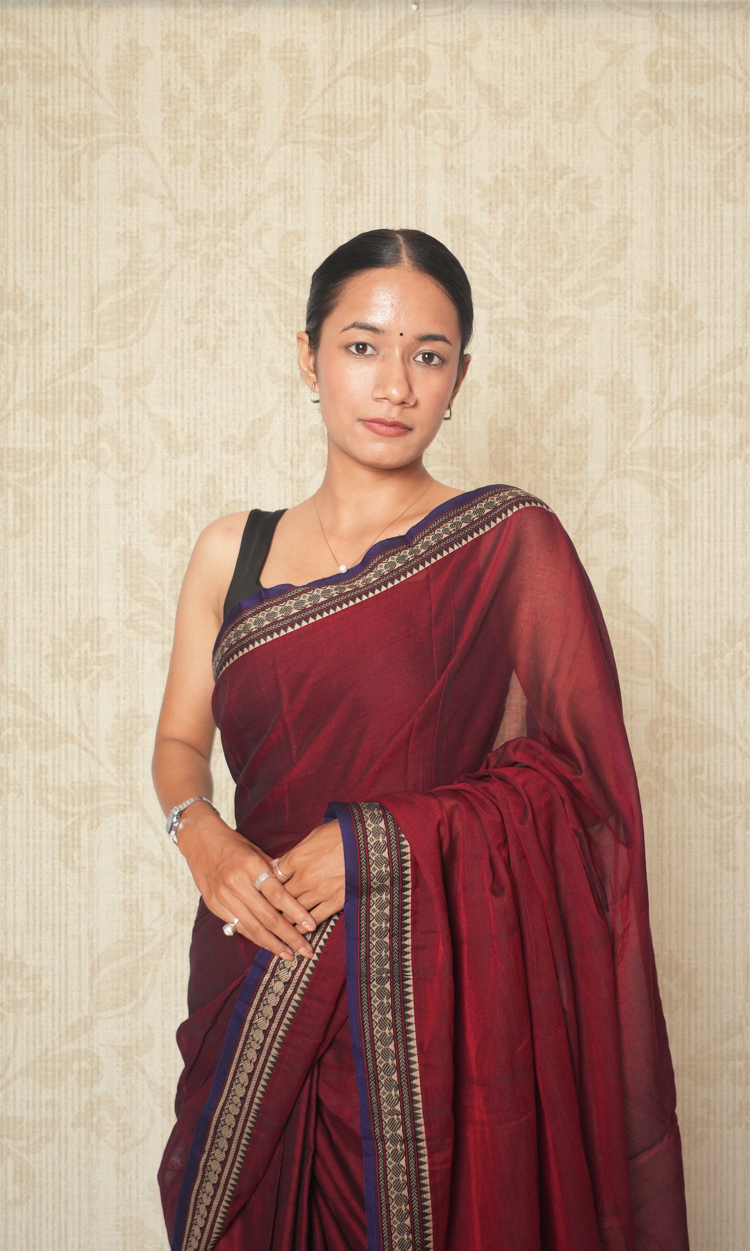 Maroon & Dark Blue Cotton Saree With Blouse Piece