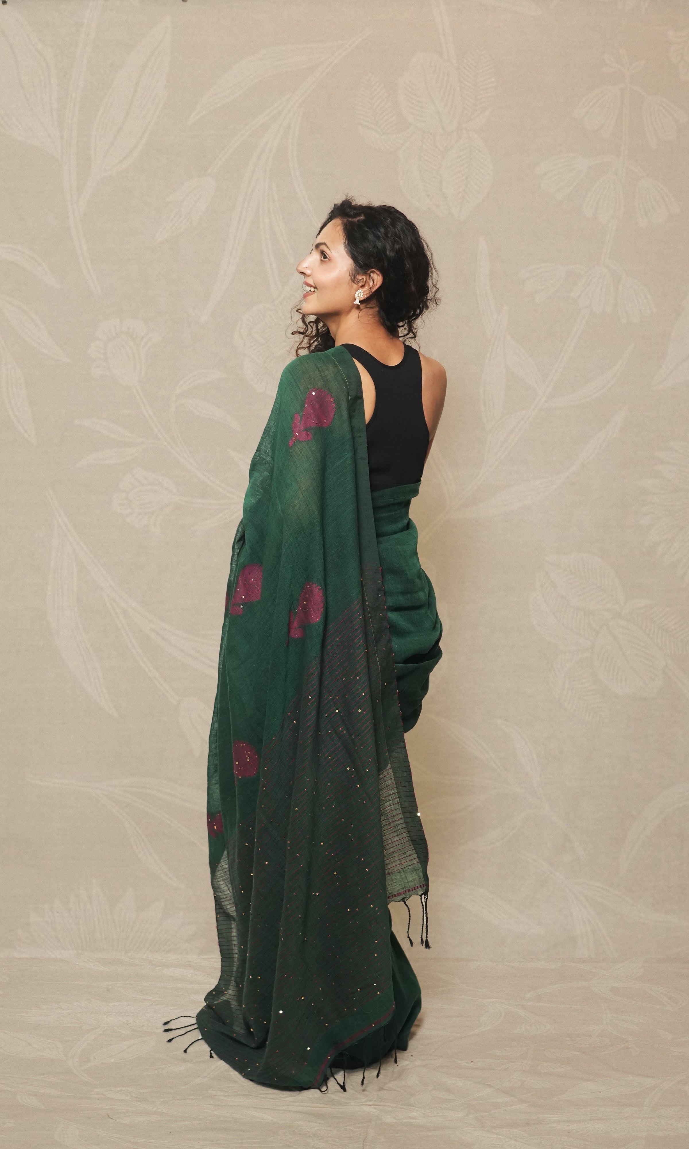 Green Color Linen Saree With Pink Thread And Sequin Embroidery