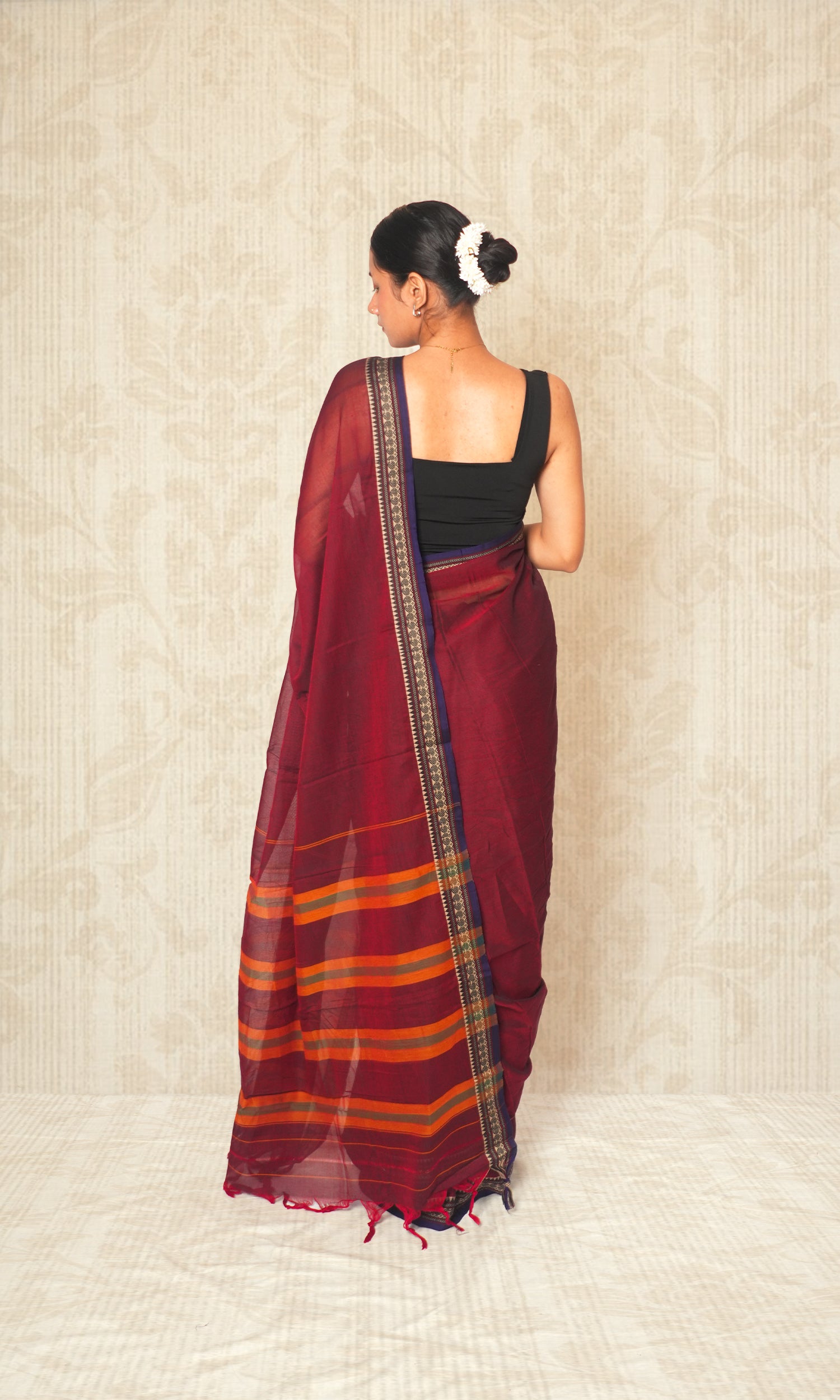 Maroon & Dark Blue Cotton Saree With Blouse Piece