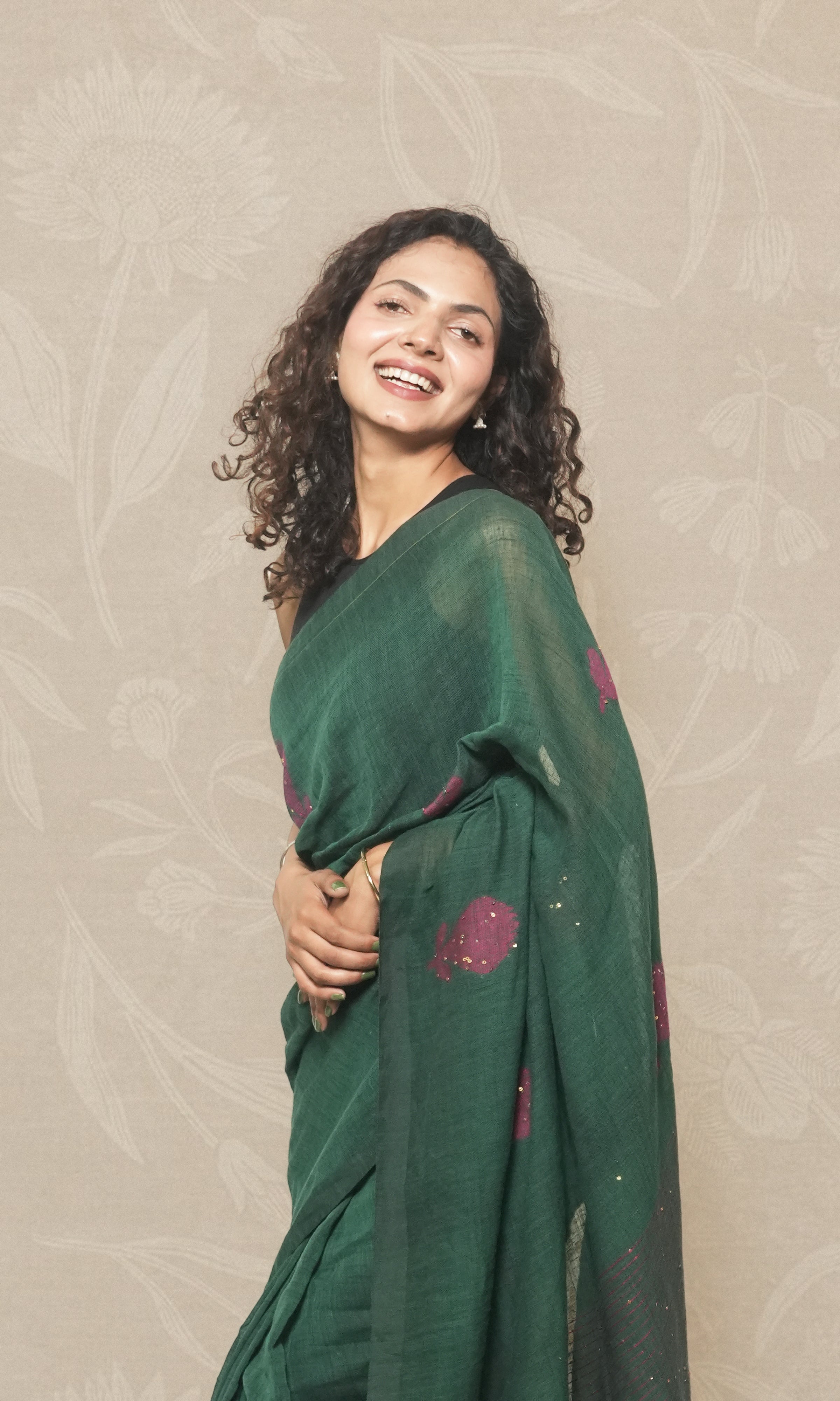Green Color Linen Saree With Pink Thread And Sequin Embroidery