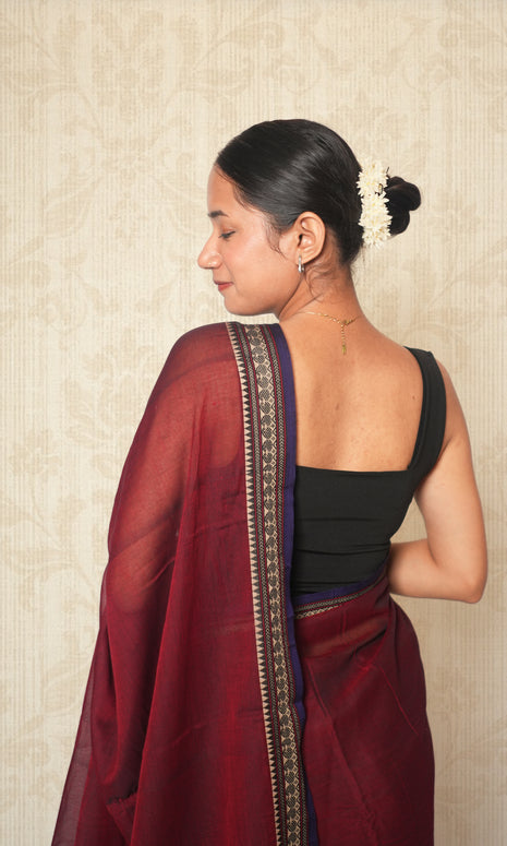 Maroon & Dark Blue Cotton Saree With Blouse Piece