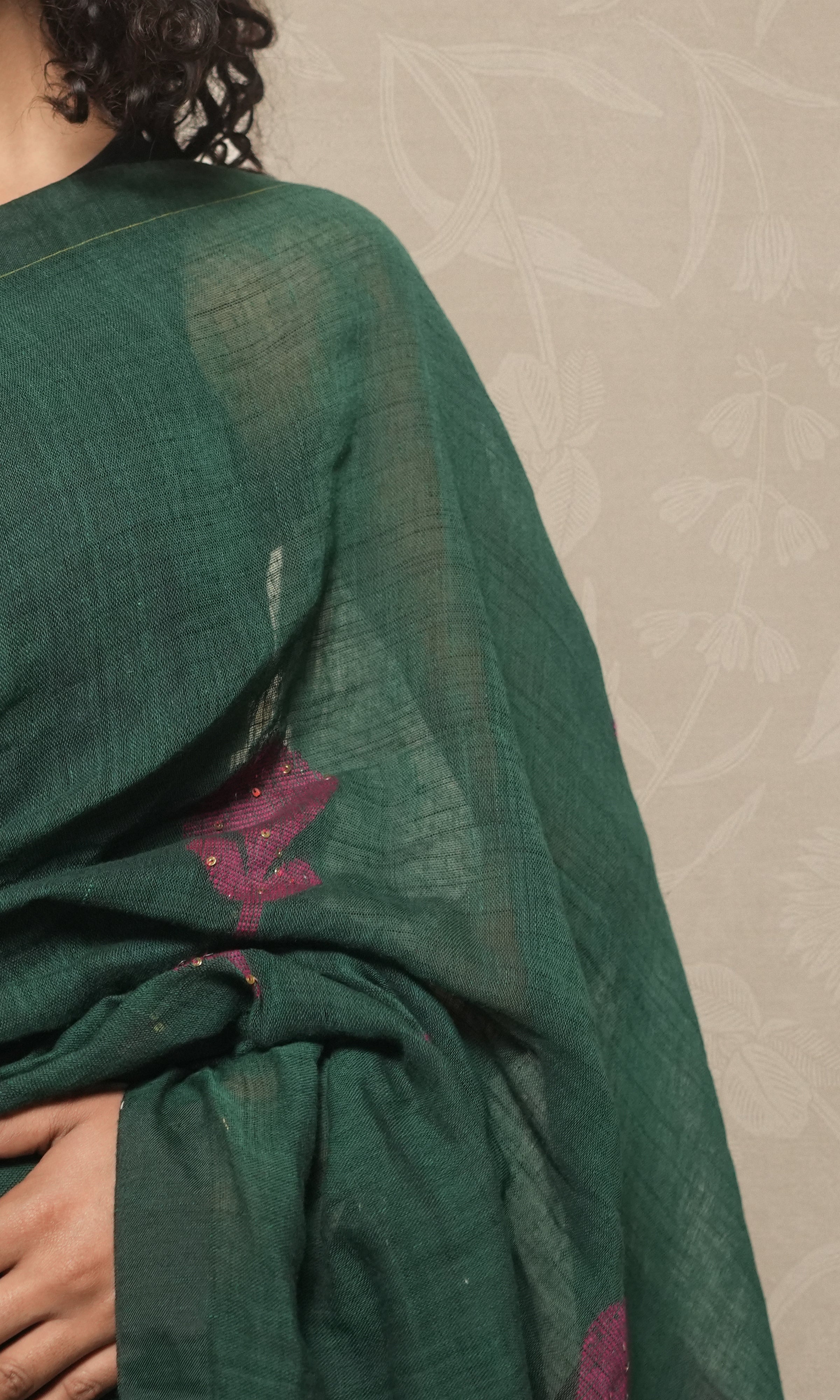 Green Color Linen Saree With Pink Thread And Sequin Embroidery