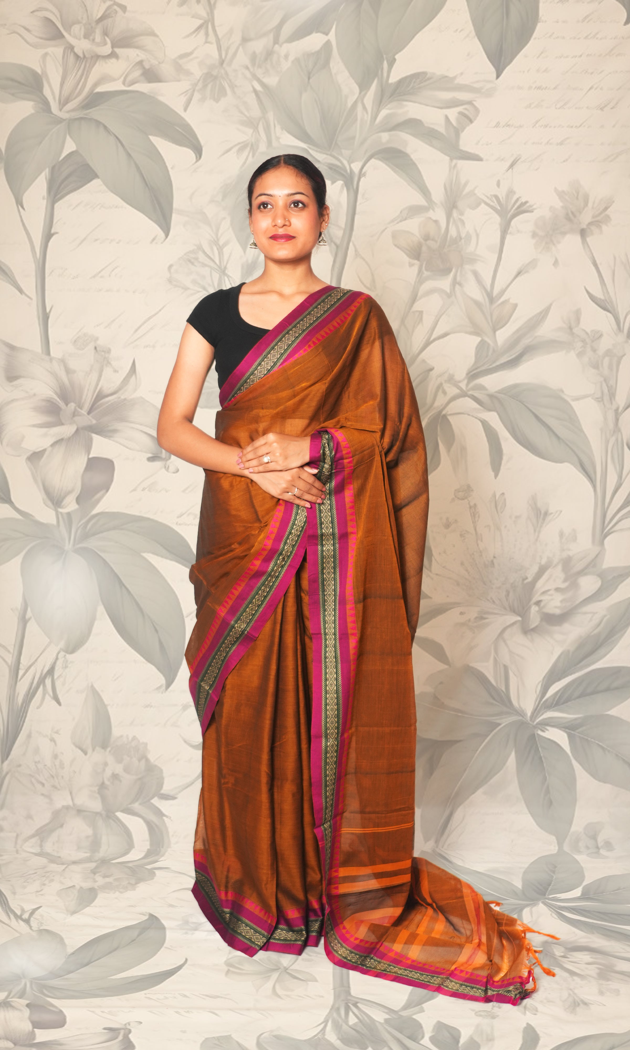 Light Brown & Pink Border Cotton Saree With Blouse Piece