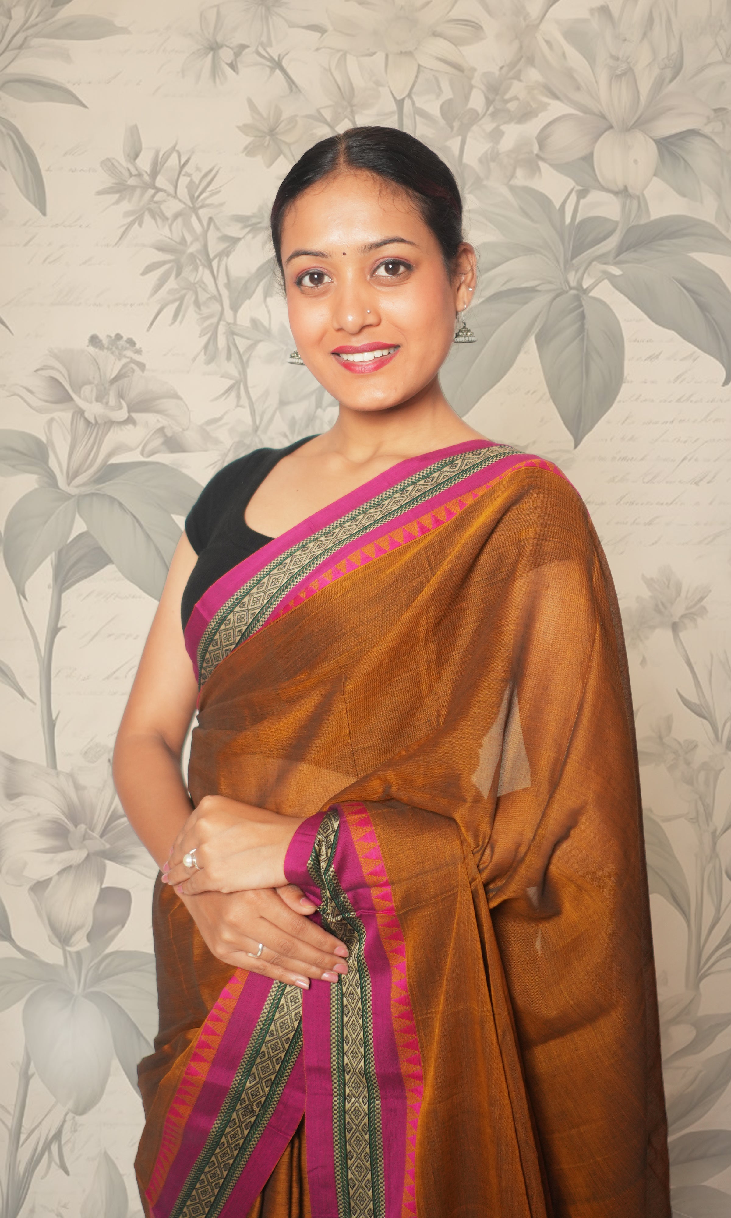 Light Brown & Pink Border Cotton Saree With Blouse Piece
