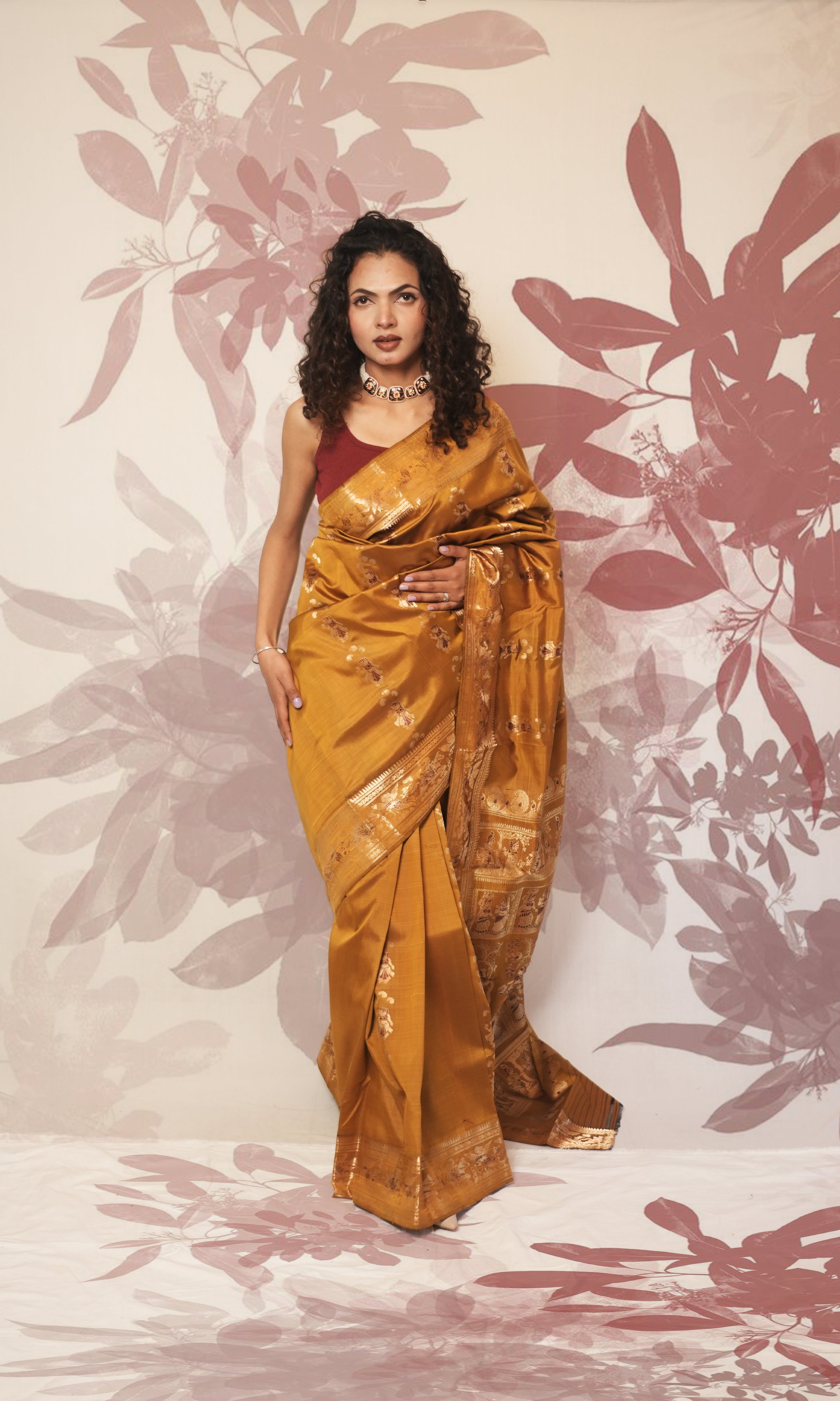 Deep Mustard Yellow And Maroon With Zari Work Swarnachari Silk  Saree