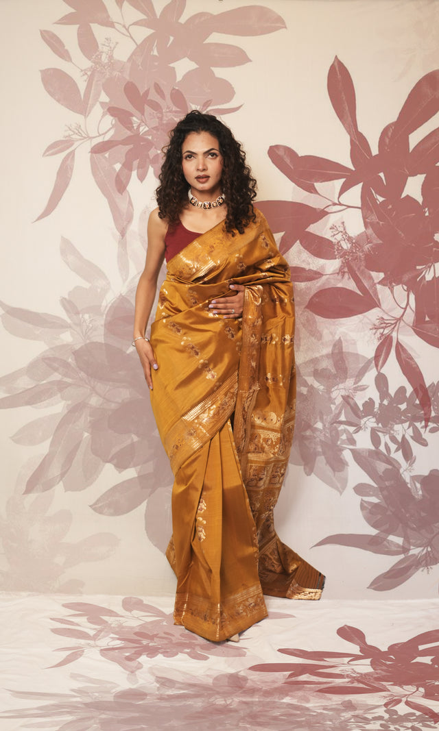 Deep Mustard Yellow And Maroon With Zari Work Swarnachari Silk  Saree