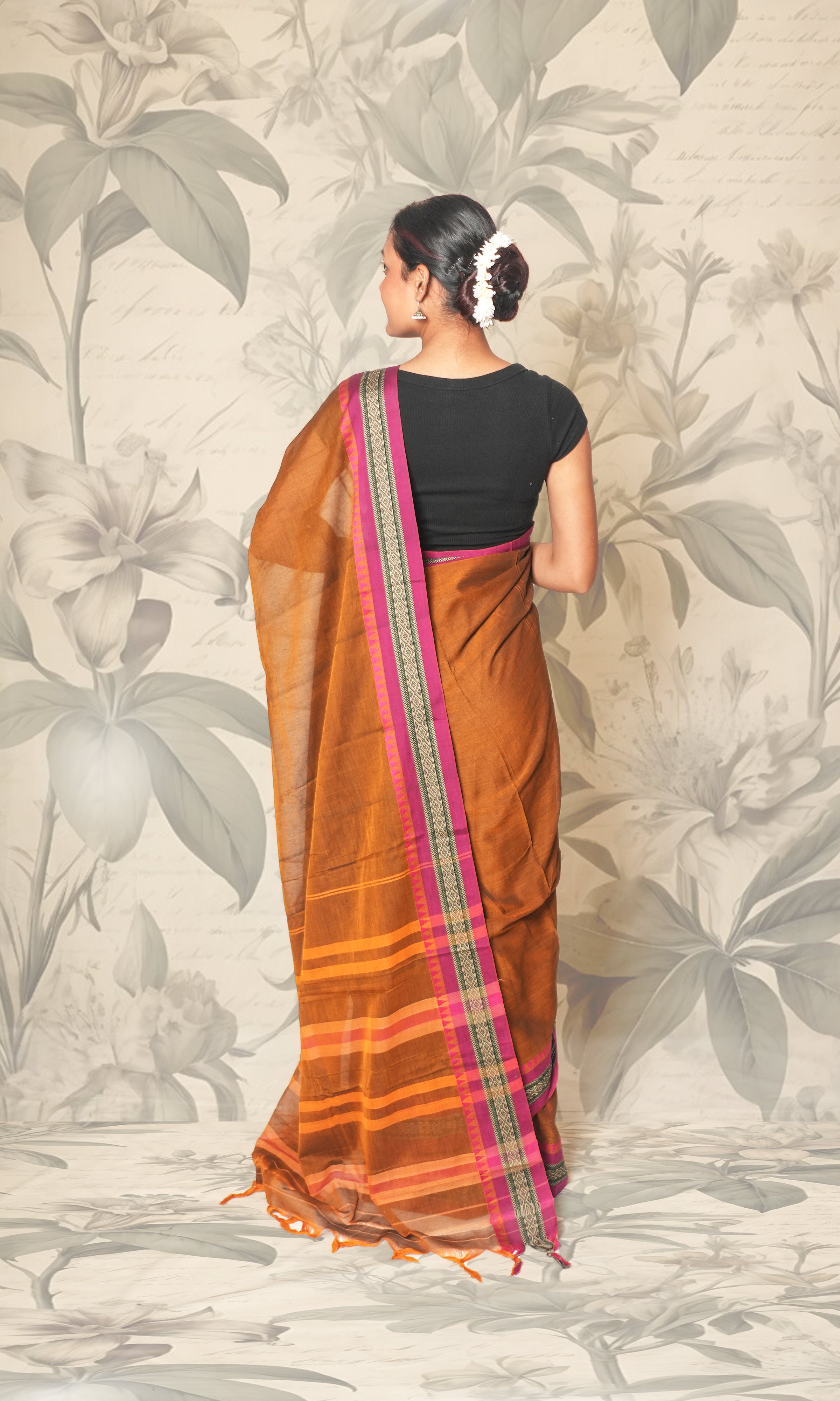 Light Brown & Pink Border Cotton Saree With Blouse Piece