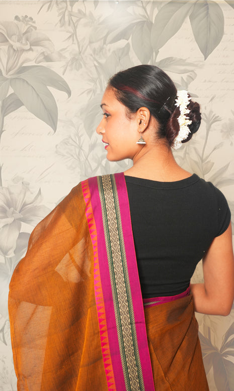 Light Brown & Pink Border Cotton Saree With Blouse Piece