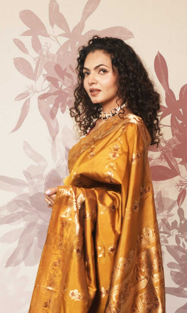 Deep Mustard Yellow And Maroon With Zari Work Swarnachari Silk  Saree