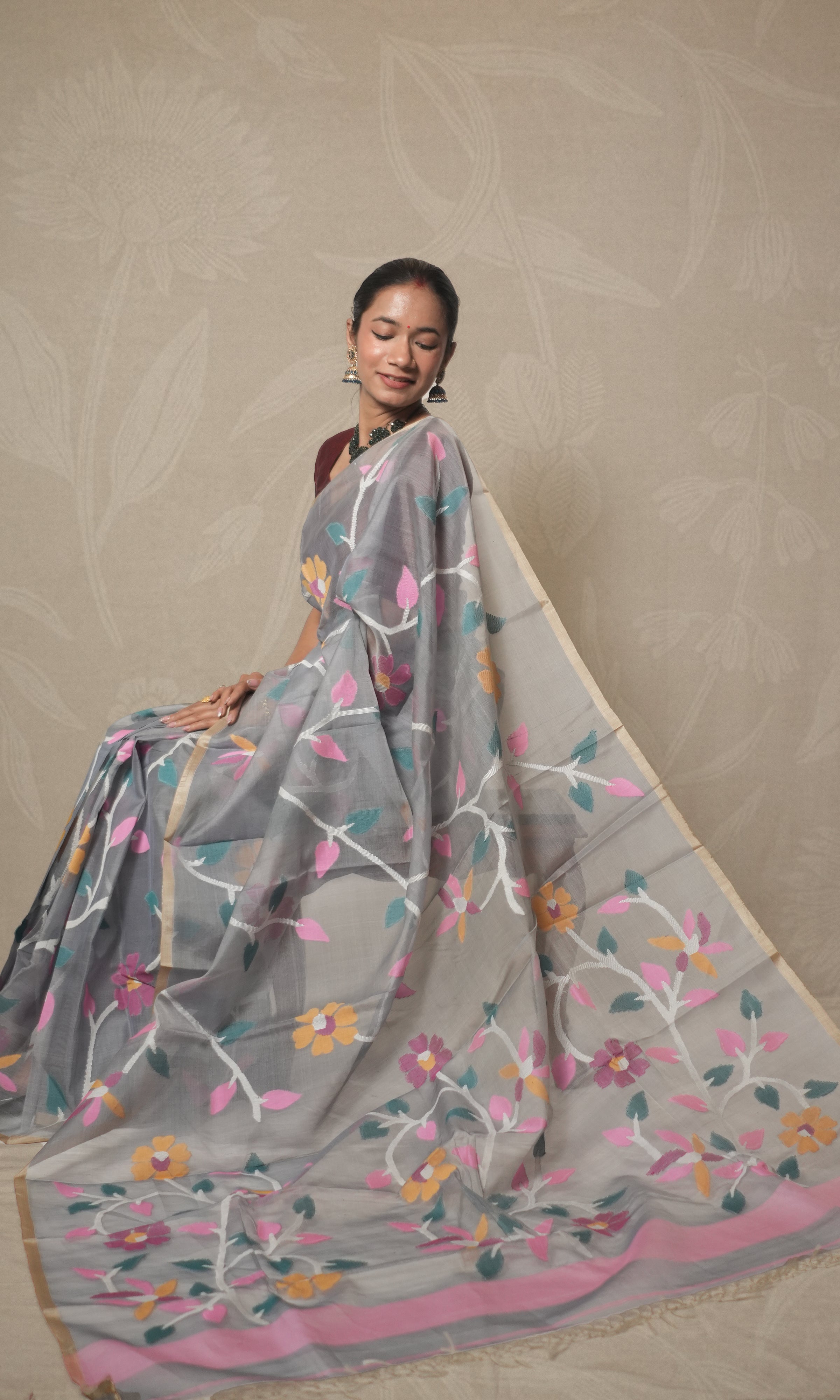 Blue Grey All Over Jamdani Organza Saree