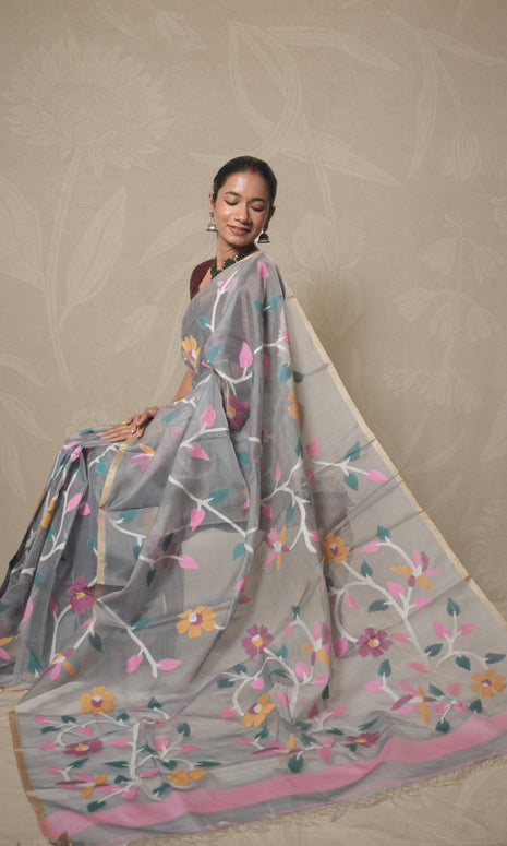 Blue Grey All Over Jamdani Organza Saree