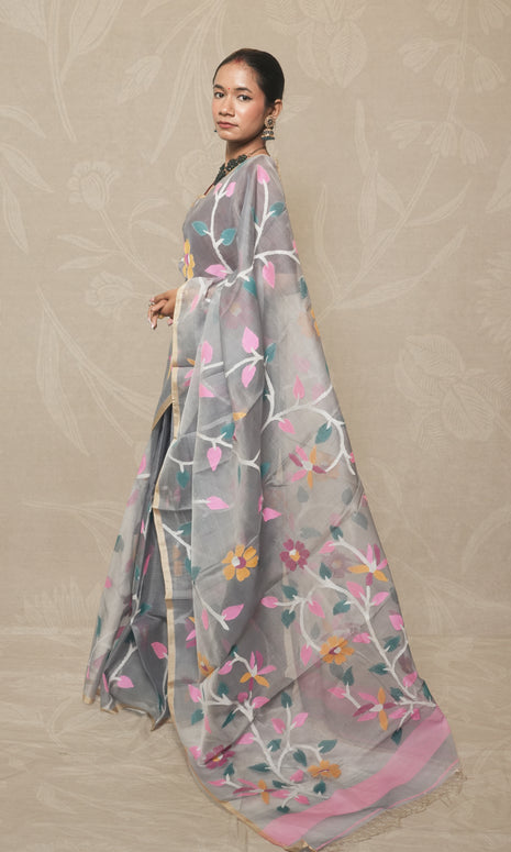 Blue Grey All Over Jamdani Organza Saree