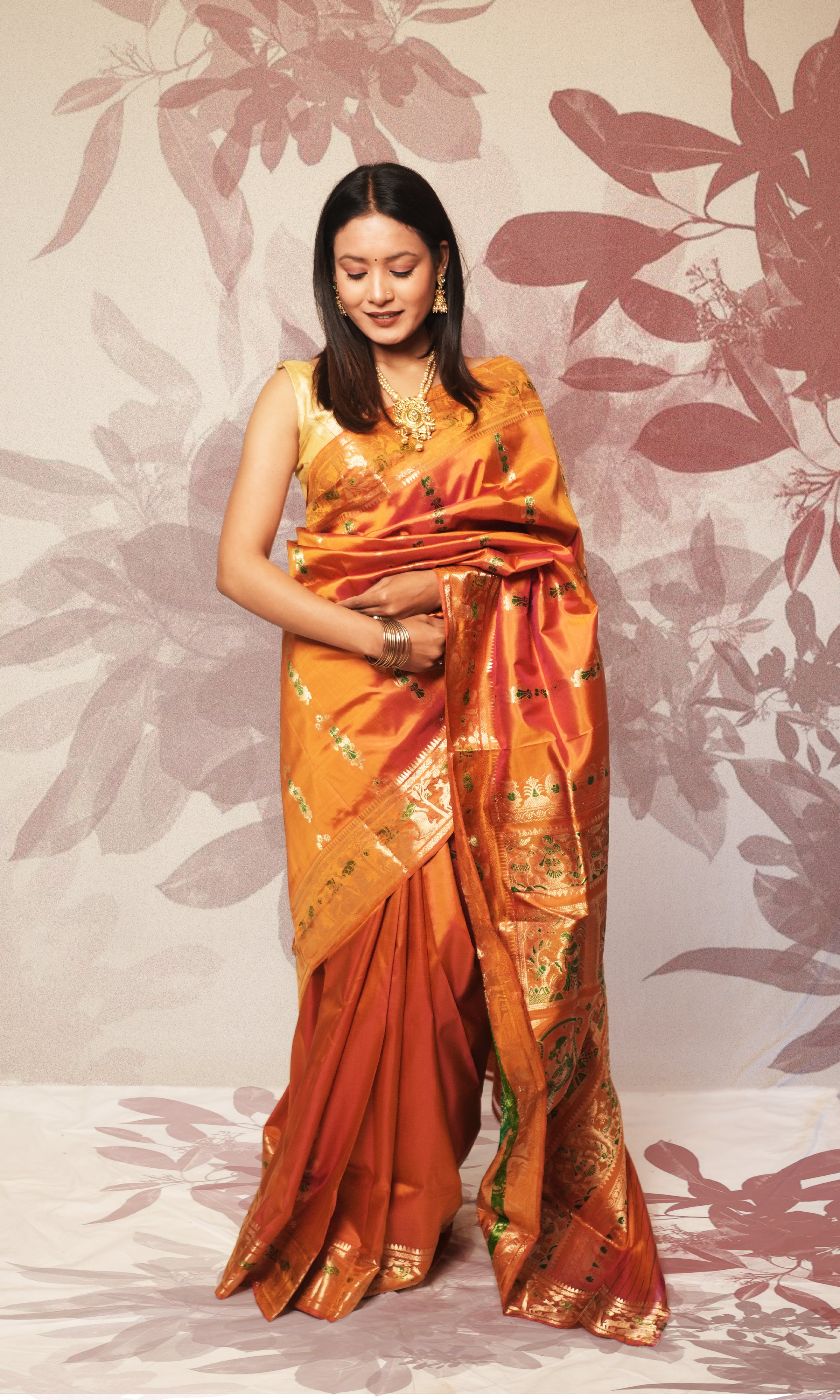 Rust Orange And Green With Zari Work Swarnachari Silk  Saree