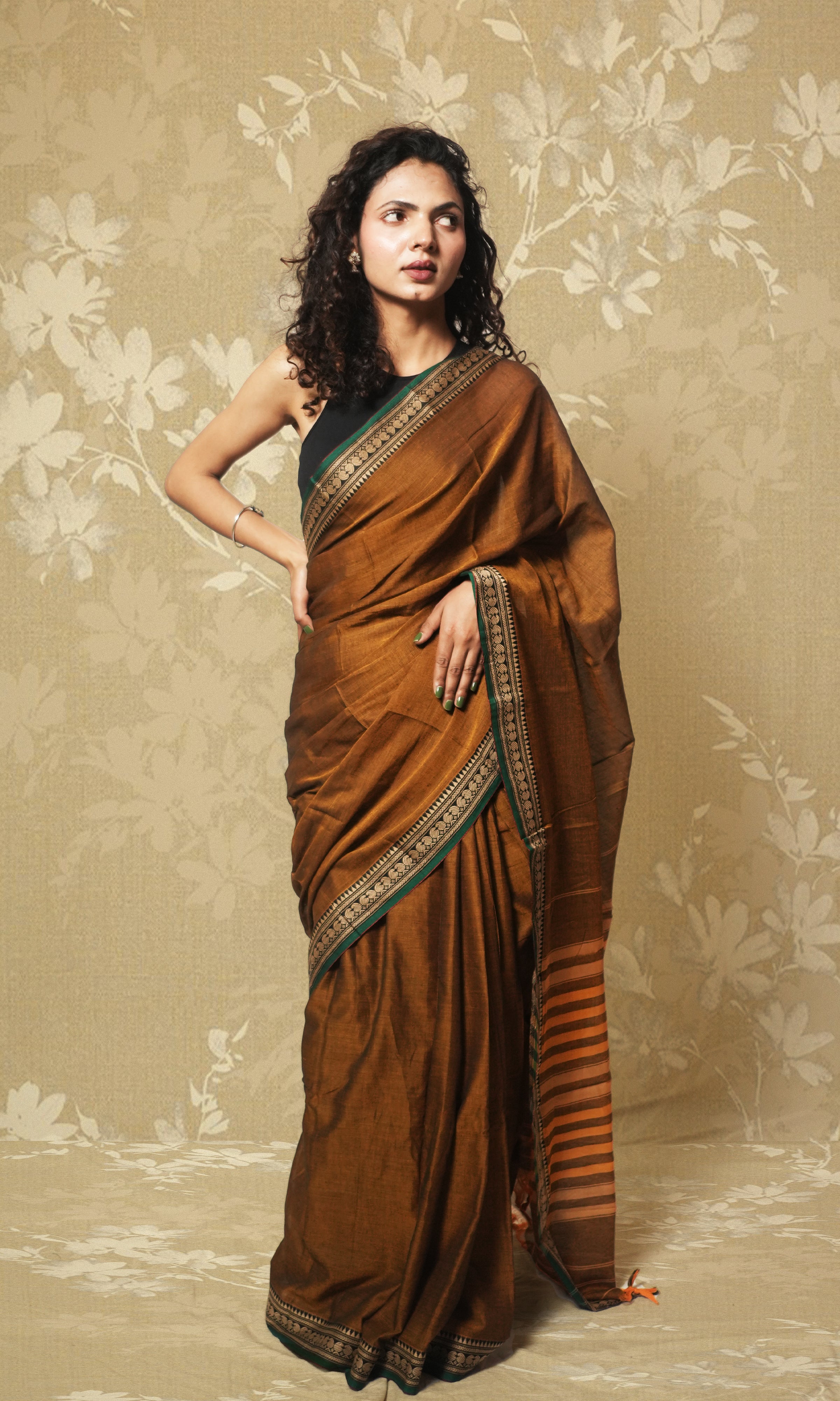 Brown And Green Narayanpet Saree