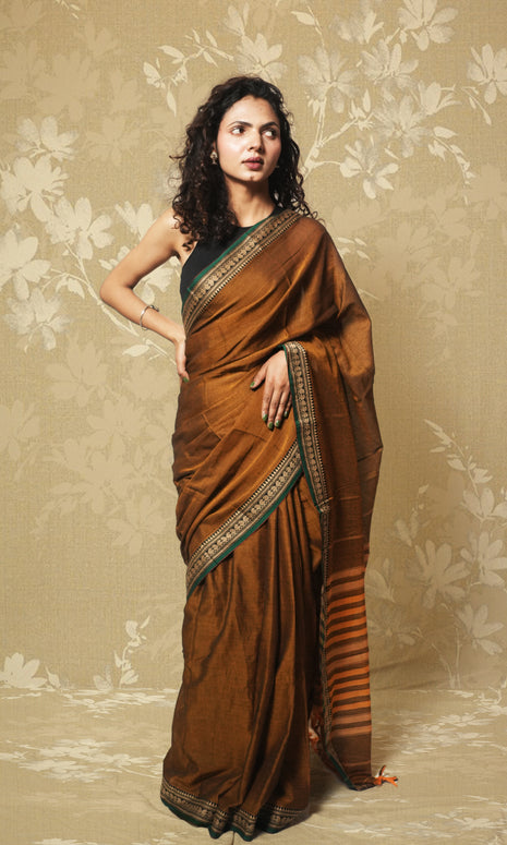 Brown And Green Narayanpet Saree