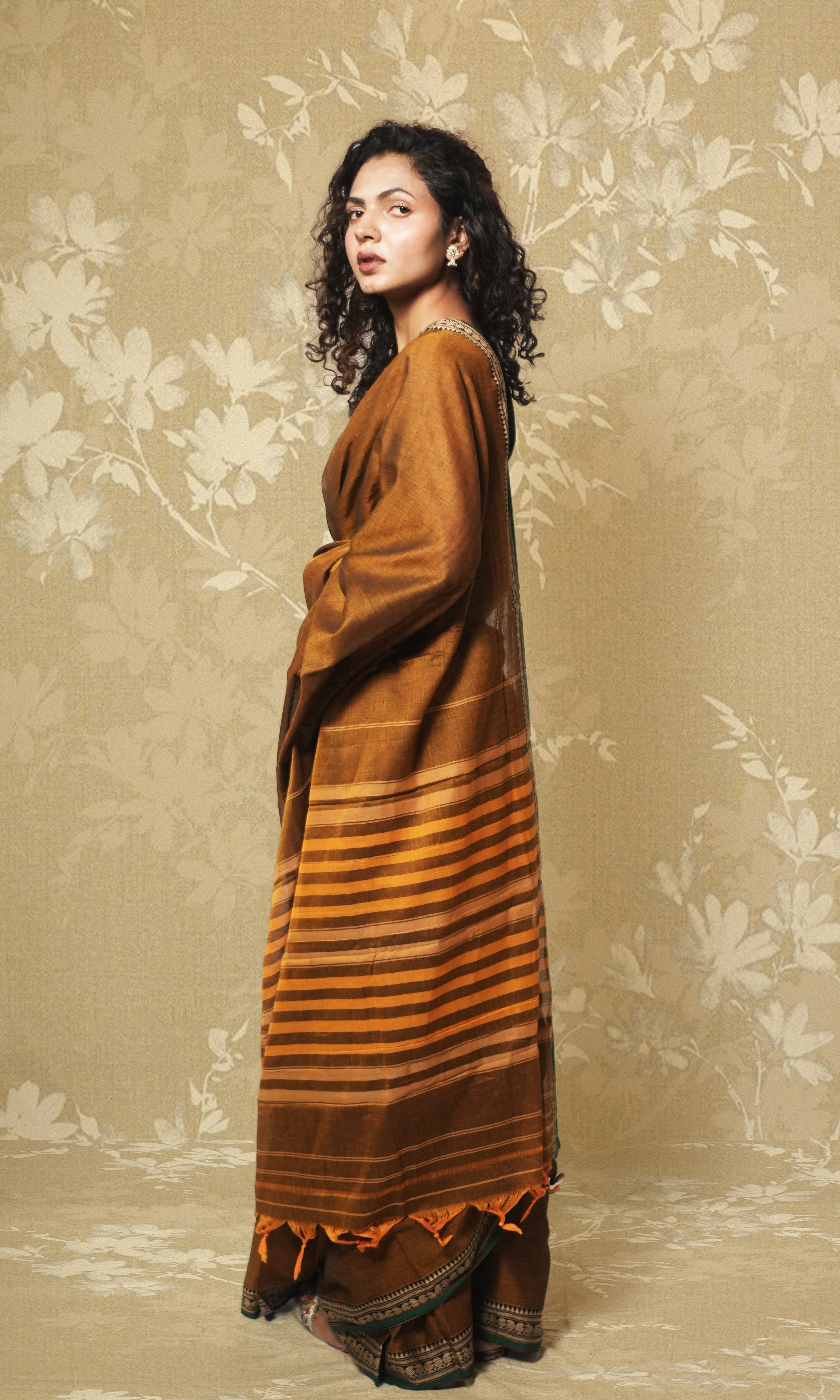 Brown And Green Narayanpet Saree