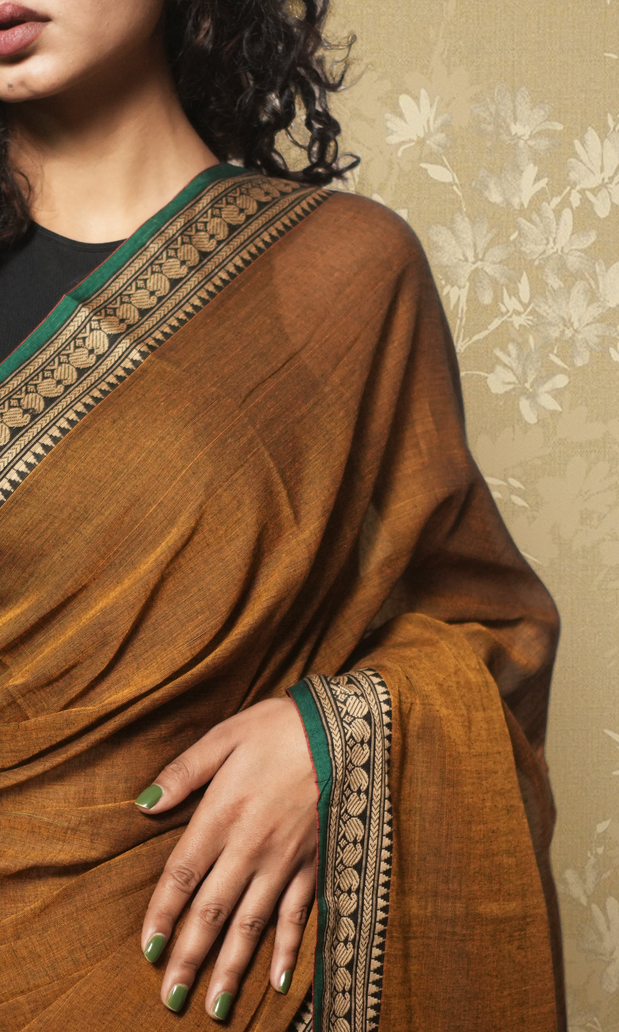Brown And Green Narayanpet Saree