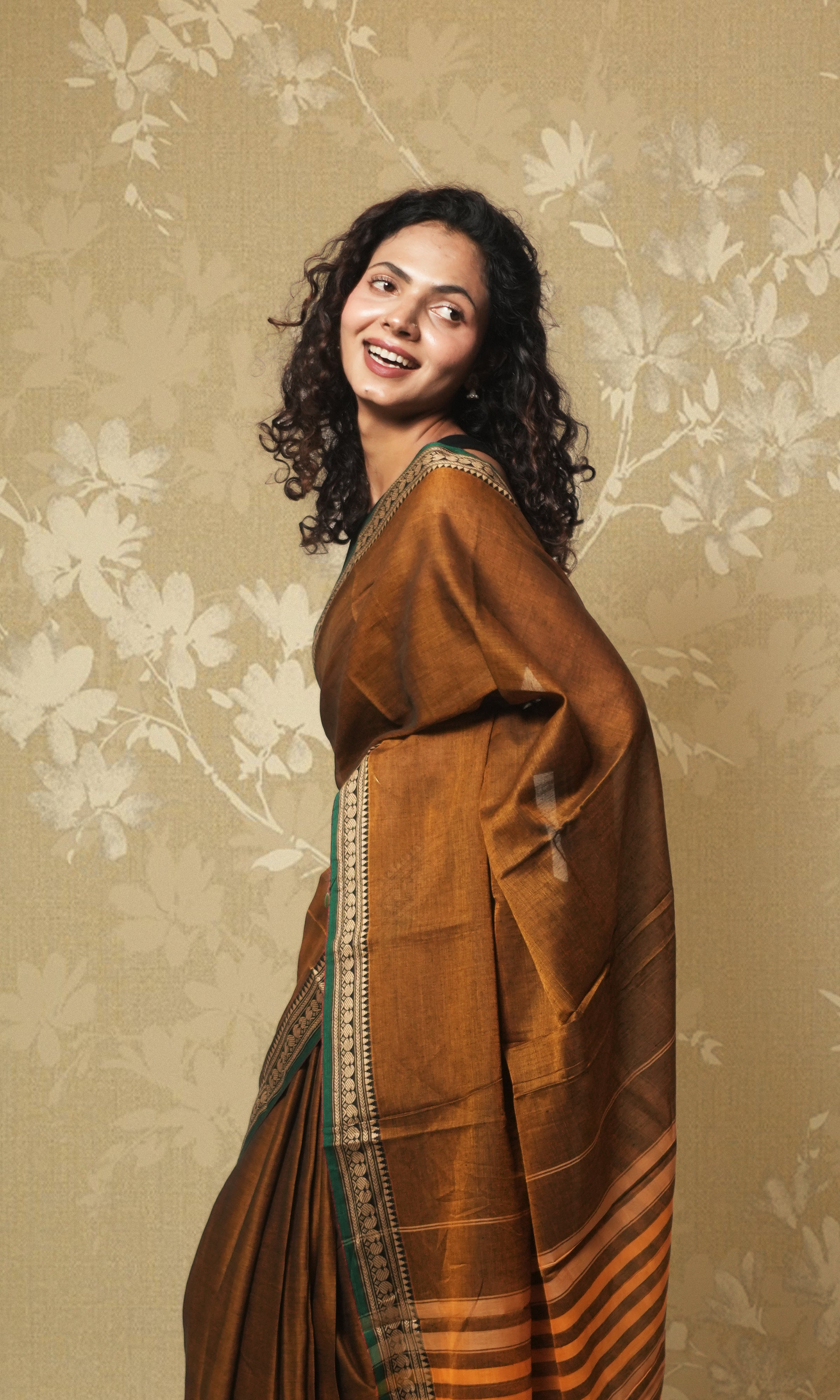 Brown And Green Narayanpet Saree
