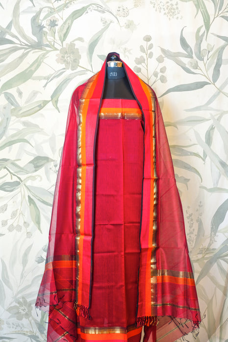 Red & Orange Hand Woven Maheshwari Silk Dress Material