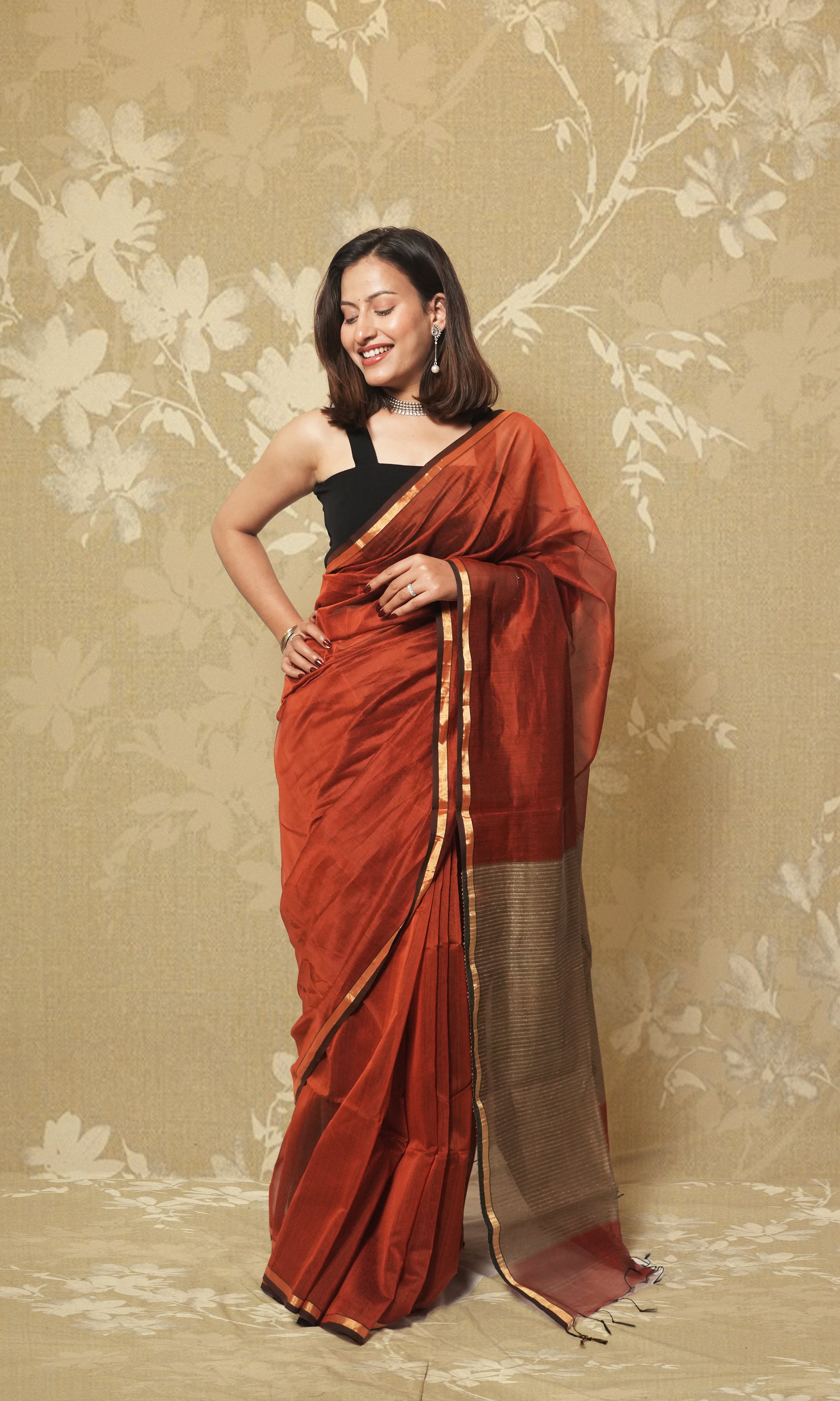 Rust Maheshwari Saree Wth Gicha Palla And Blouse