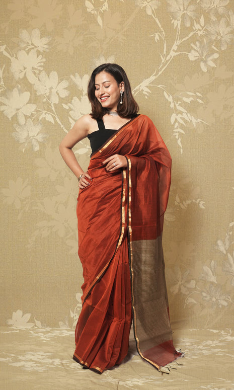 Rust Maheshwari Saree Wth Gicha Palla And Blouse