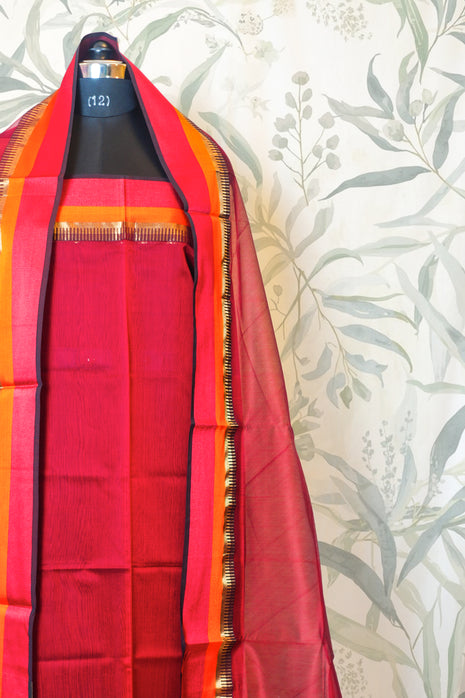 Red & Orange Hand Woven Maheshwari Silk Dress Material