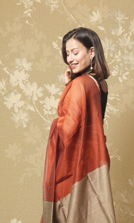 Rust Maheshwari Saree Wth Gicha Palla And Blouse