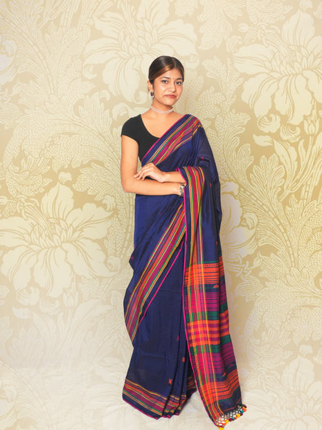 Dark Blue & Multicolored Stripes Bhujodi Pattern Weave Cotton Saree With Blouse Piece