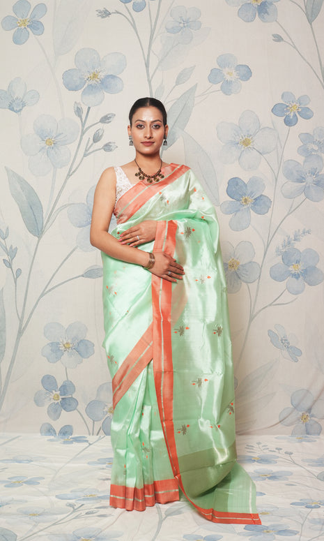 Light Mint Green And Orange Mashroo Silk Saree
