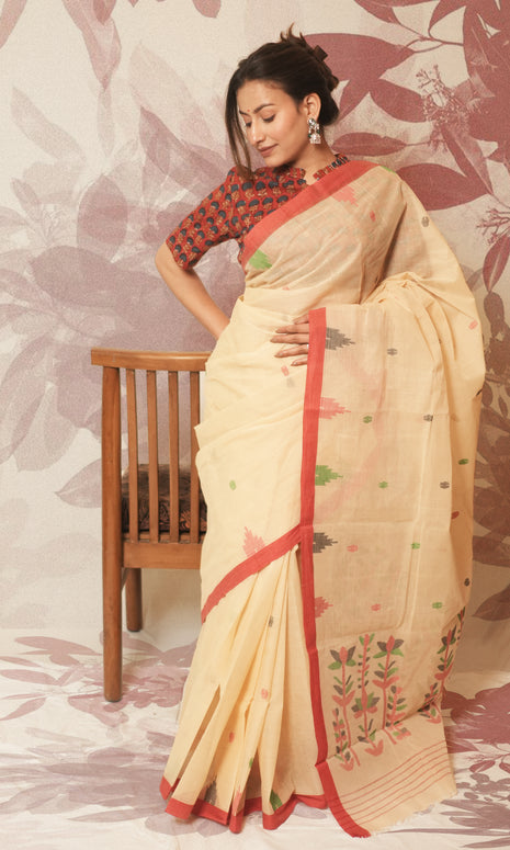 Cream And Red Cotton Jamdani Saree