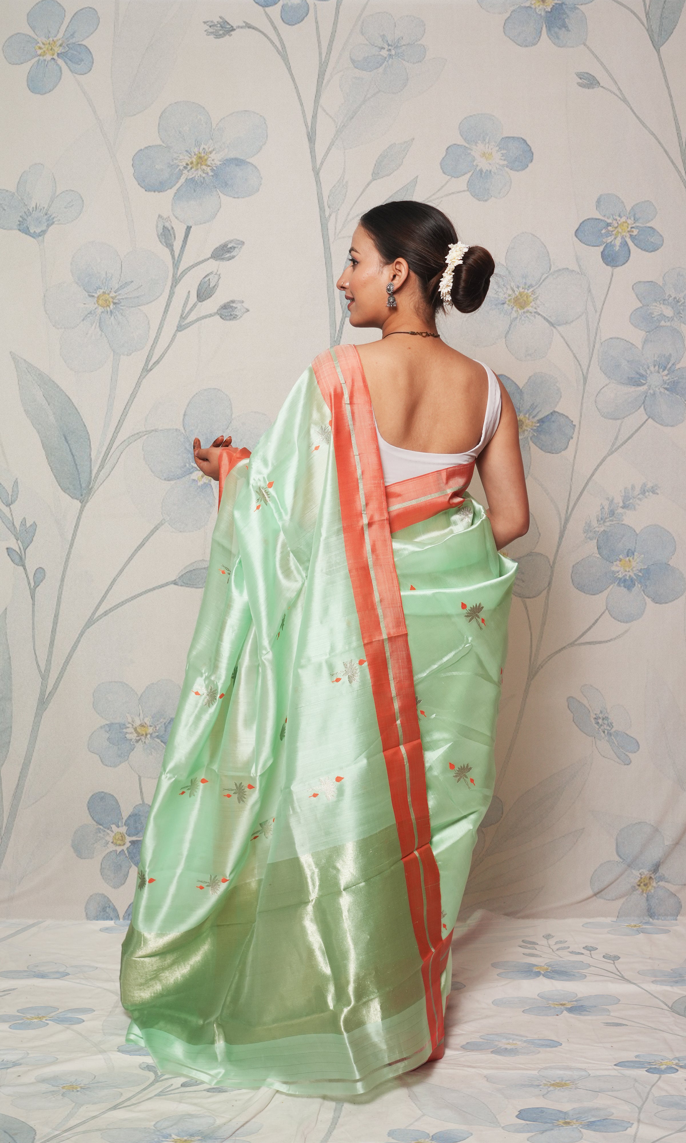 Light Mint Green And Orange Mashroo Silk Saree