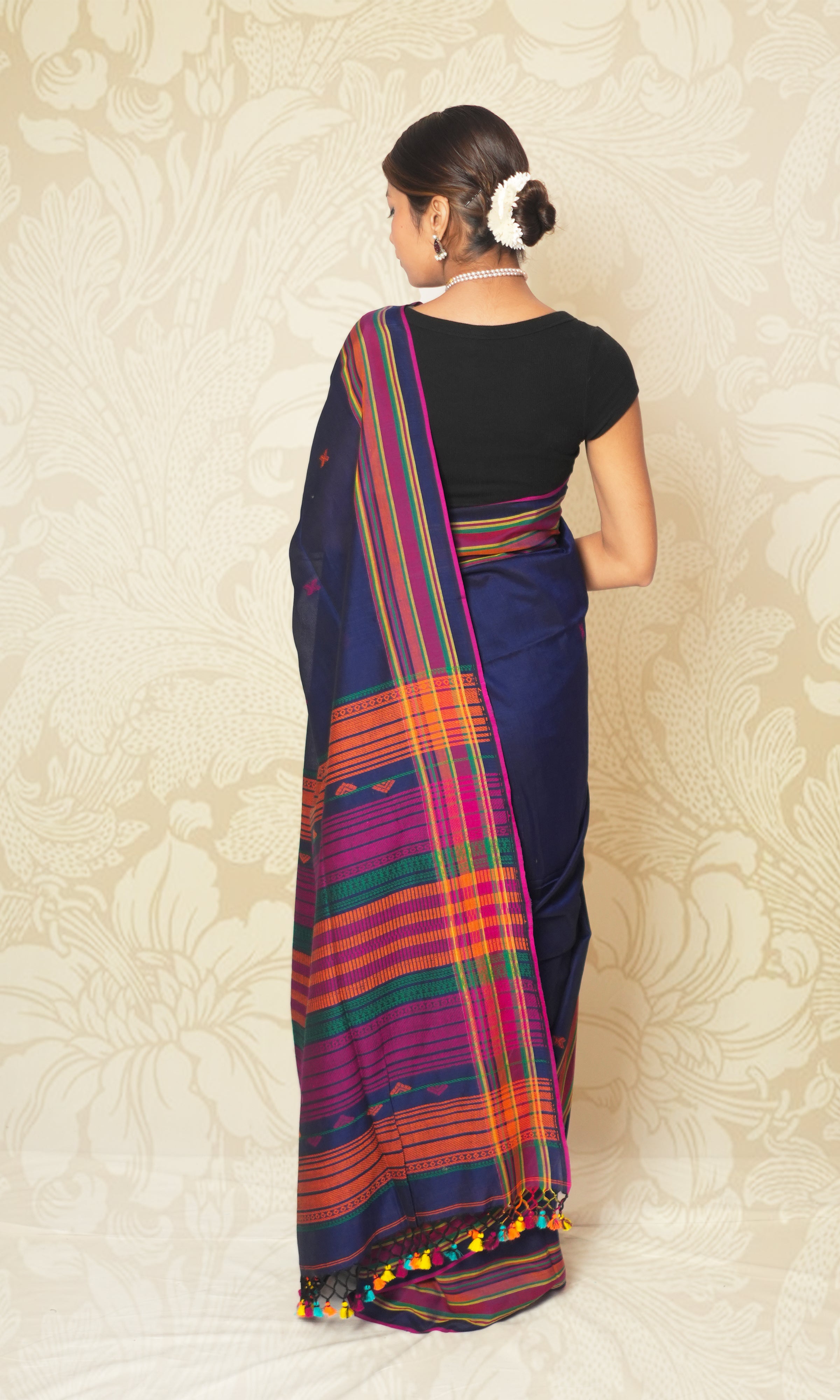Dark Blue & Multicolored Stripes Bhujodi Pattern Weave Cotton Saree With Blouse Piece