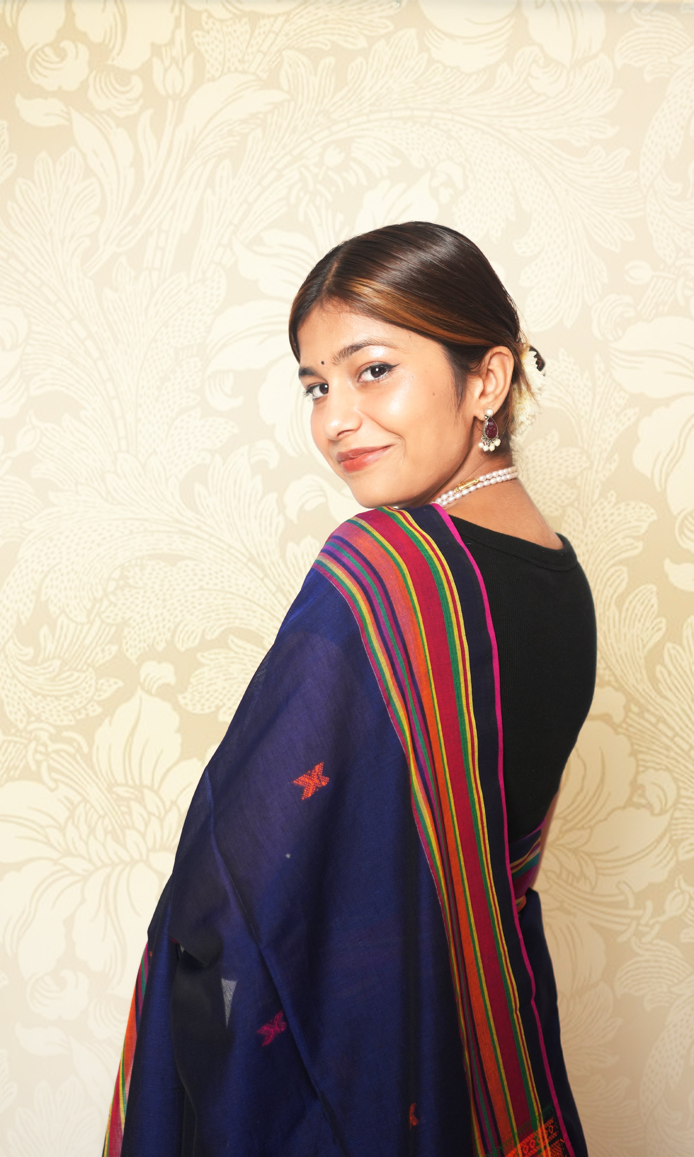 Dark Blue & Multicolored Stripes Bhujodi Pattern Weave Cotton Saree With Blouse Piece