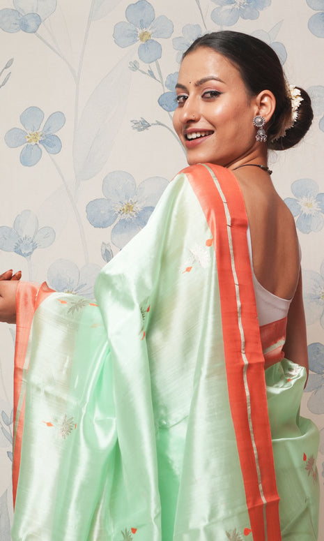 Light Mint Green And Orange Mashroo Silk Saree