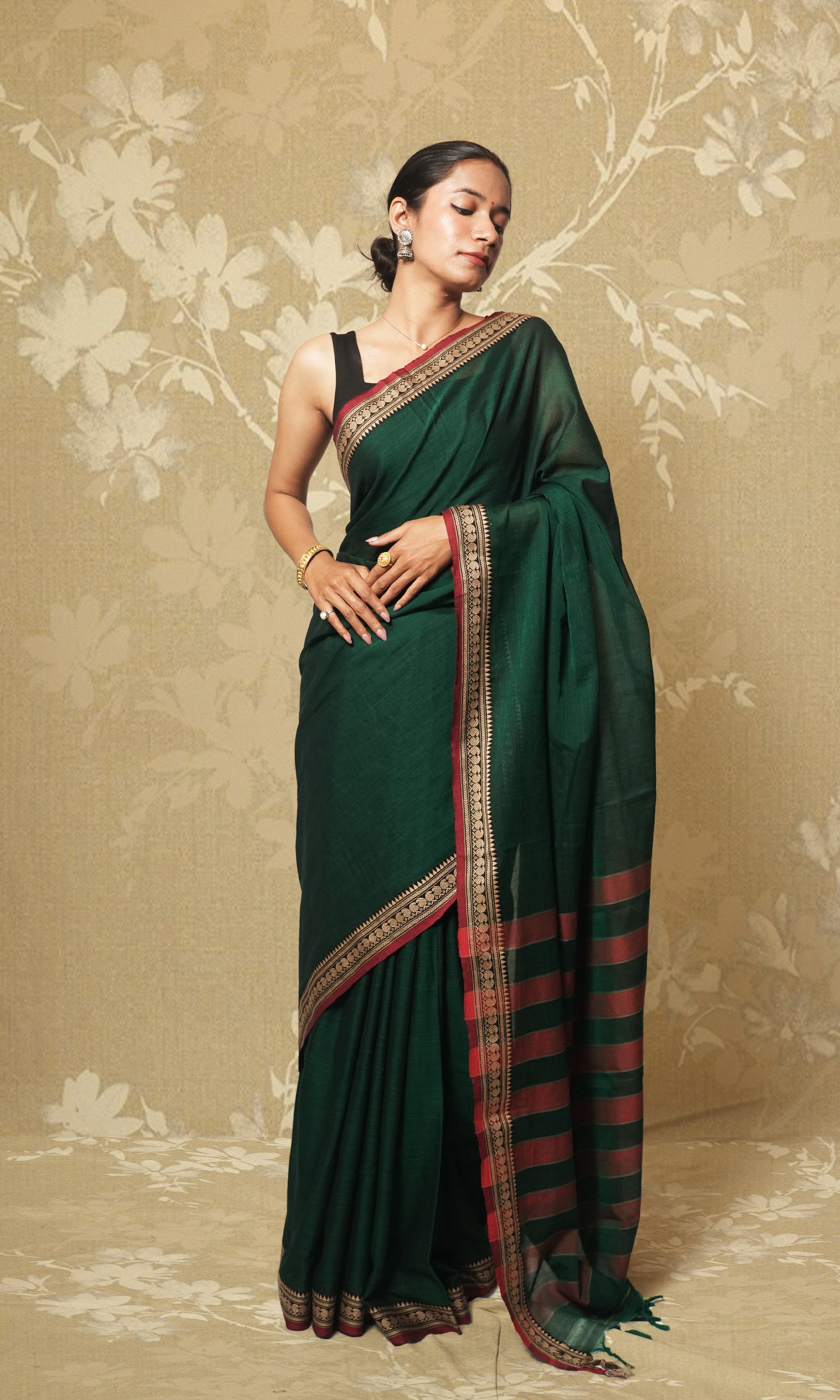 Bottle Green And Red Narayanpet Saree
